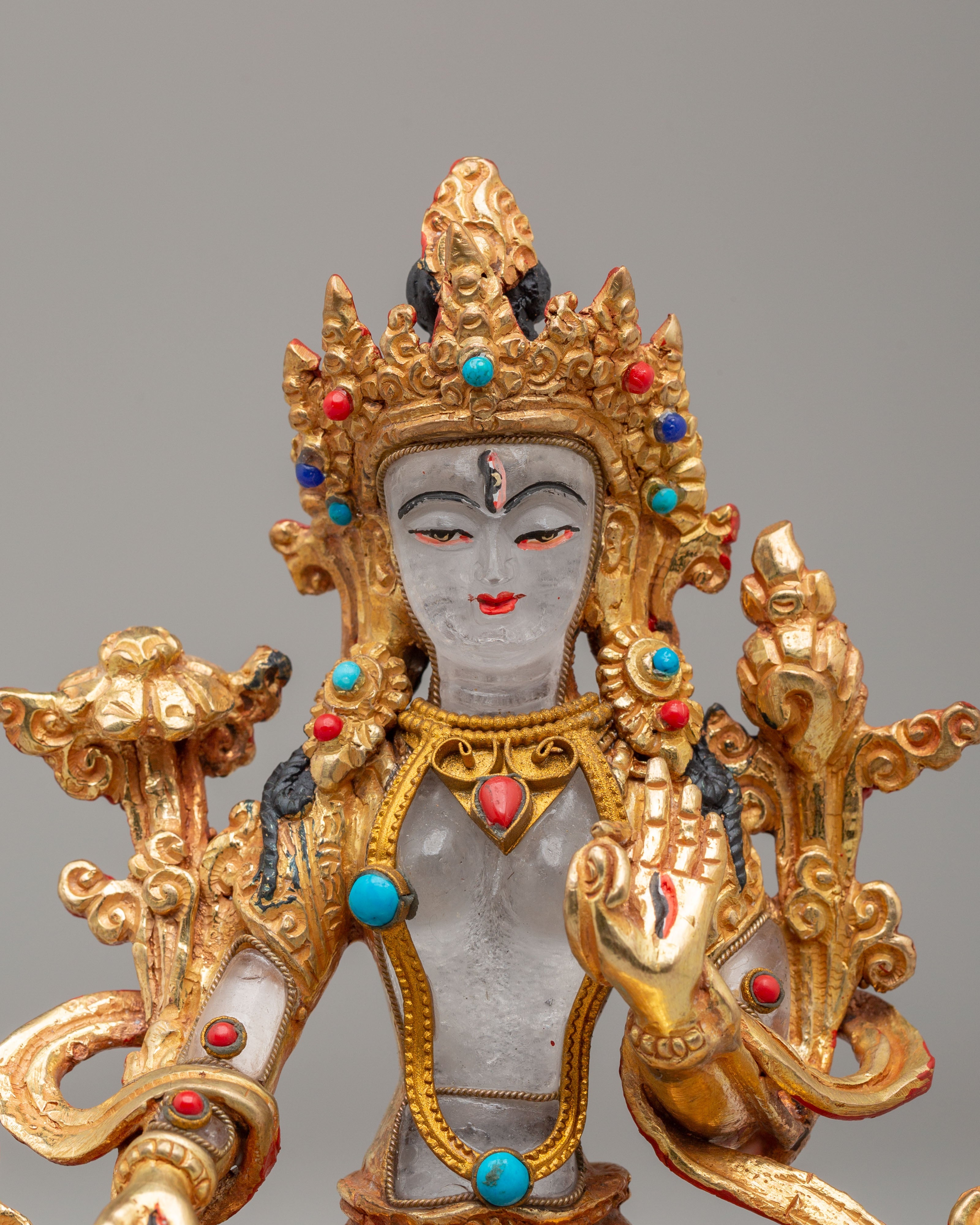 White Tara Spiritual Sculpture | Copper Buddhist Statue with Gemstone Details