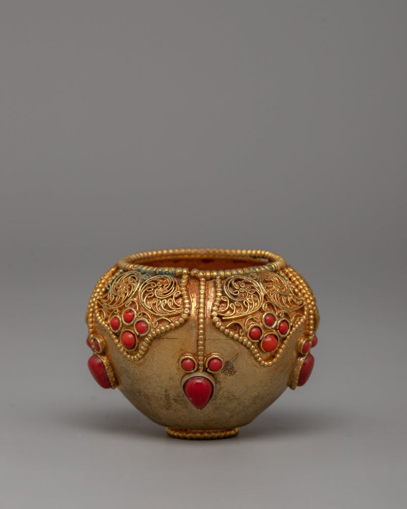 Copper Bowl with Filigree & Coral Stones 