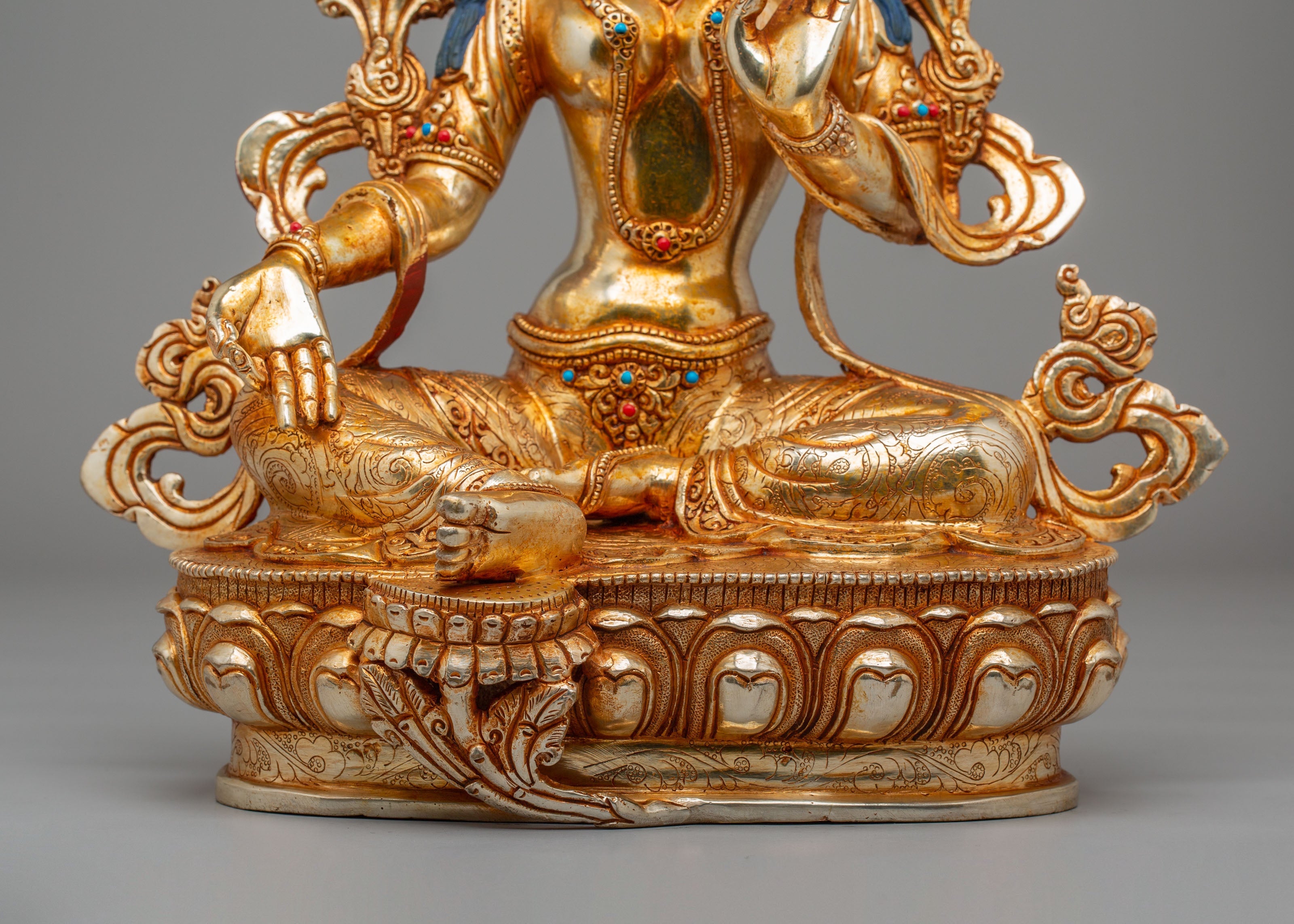 Handcrafted Green Tara Altar Sculpture | 24K Gold Plated Copper Statue