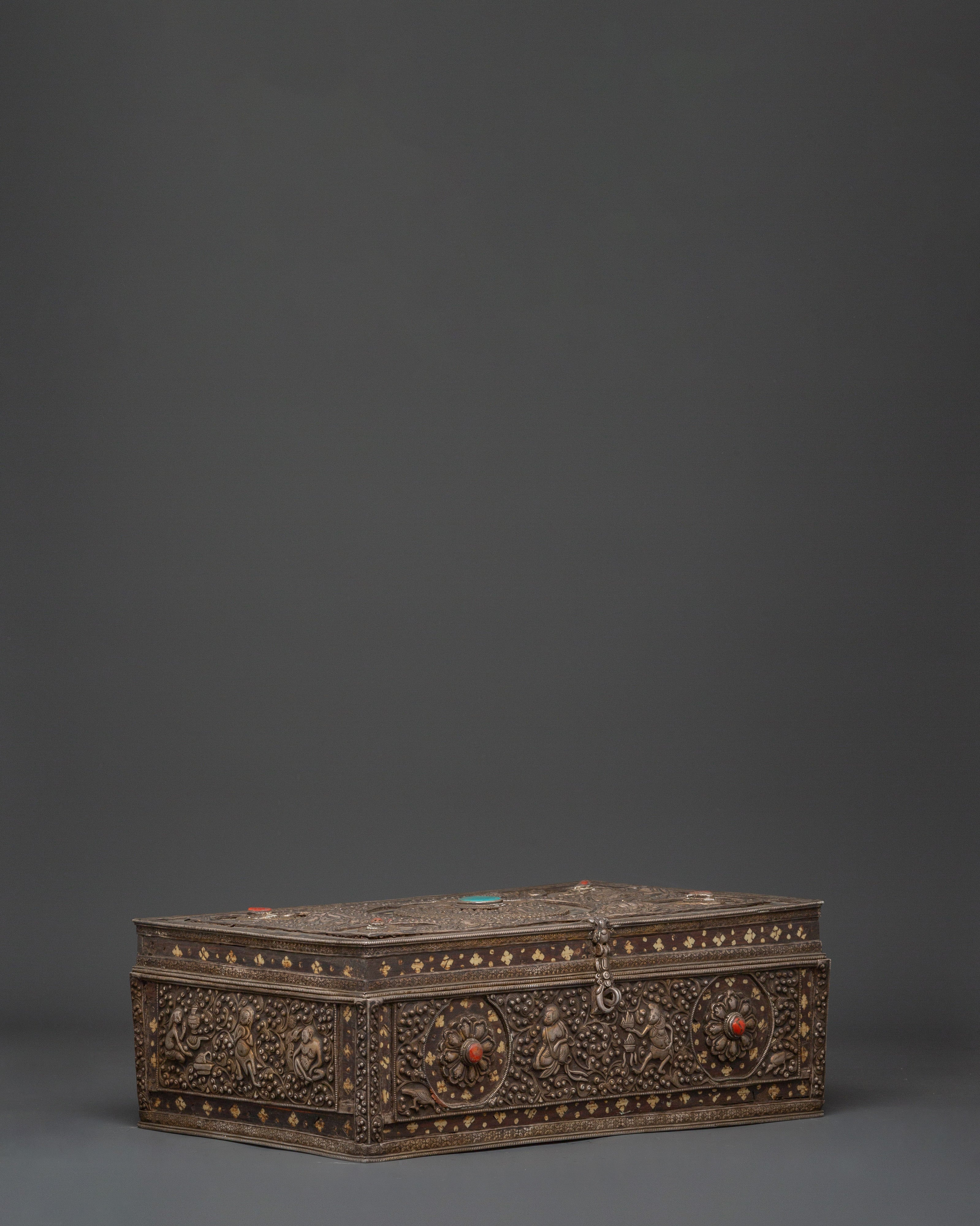 Pure Silver Treasure Box with Coral & Turquoise | Decorative Storage Box