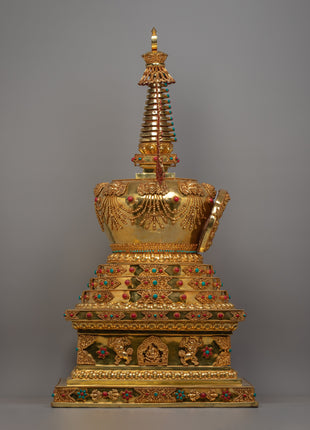 Handcrafted Gold-Plated Tibetan Stupa | Perfect for Altars and Spiritual Decor