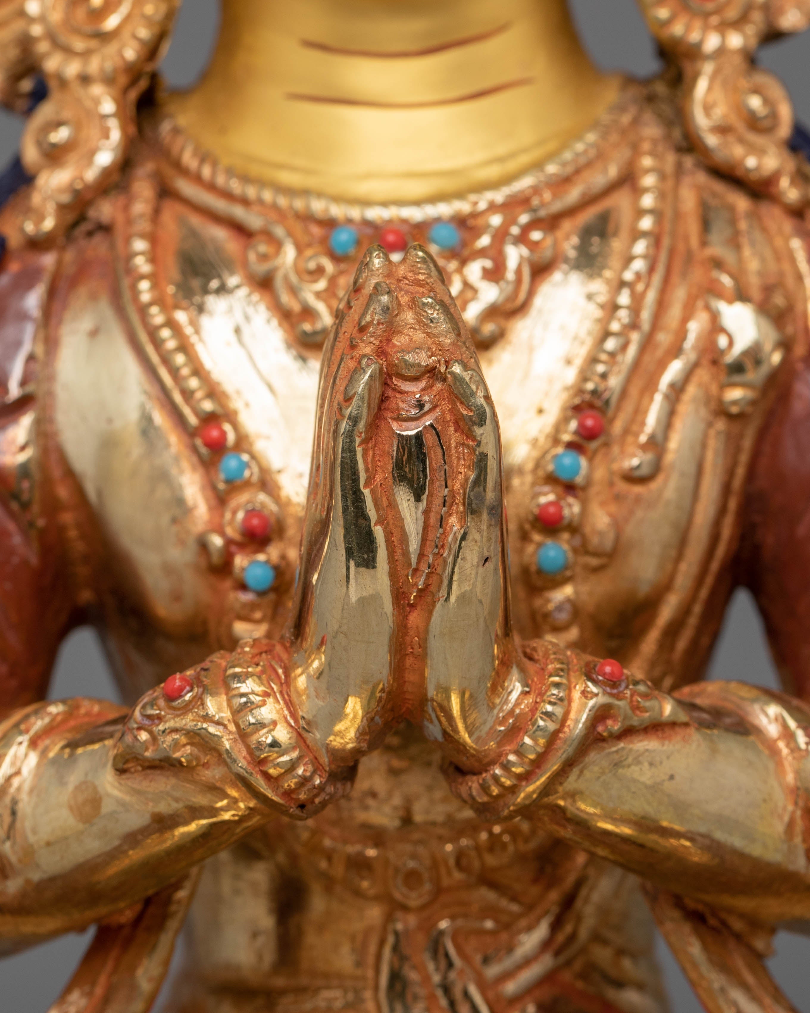 Handcrafted Tibetan Chenrezig Sculpture | Gold-Plated with Coral & Turquoise