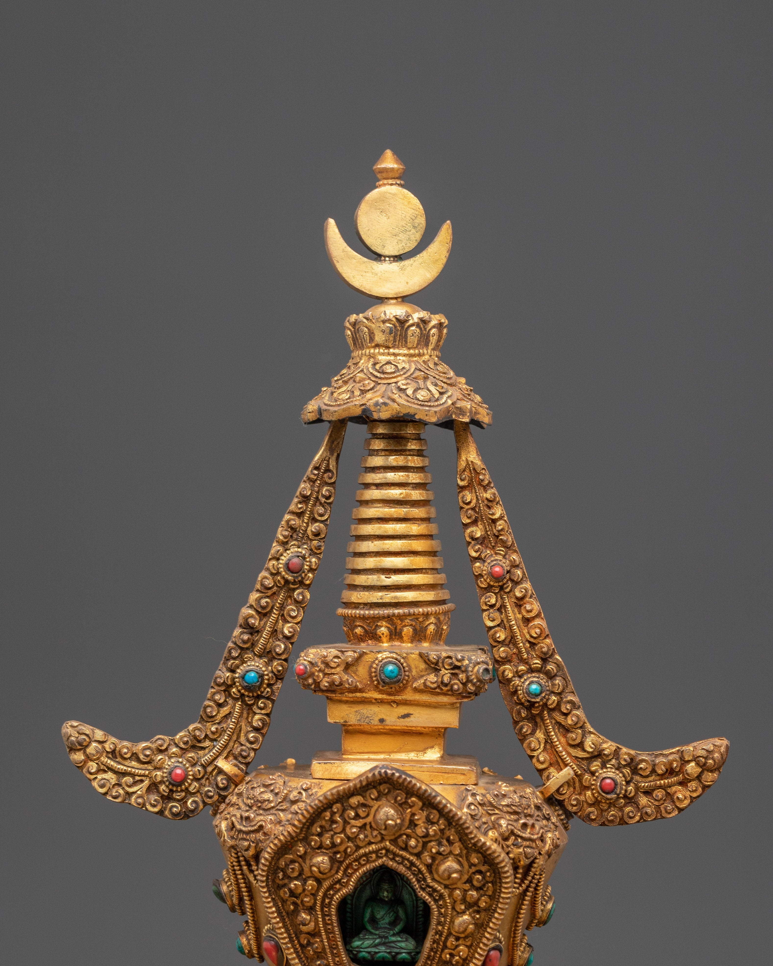 Handmade Gold Plated Buddhist Stupa with Buddha | Copper Stupa with Turquoise Inlay