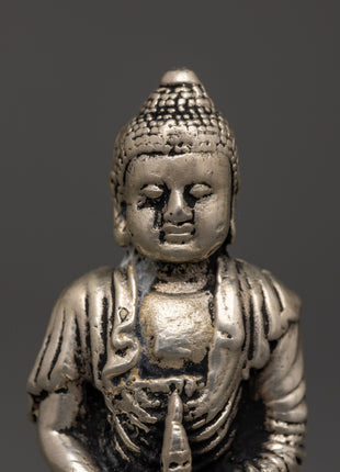 Amitabha Buddha Sacred Statue | White Metal Buddhist Sculpture for Meditation Altar