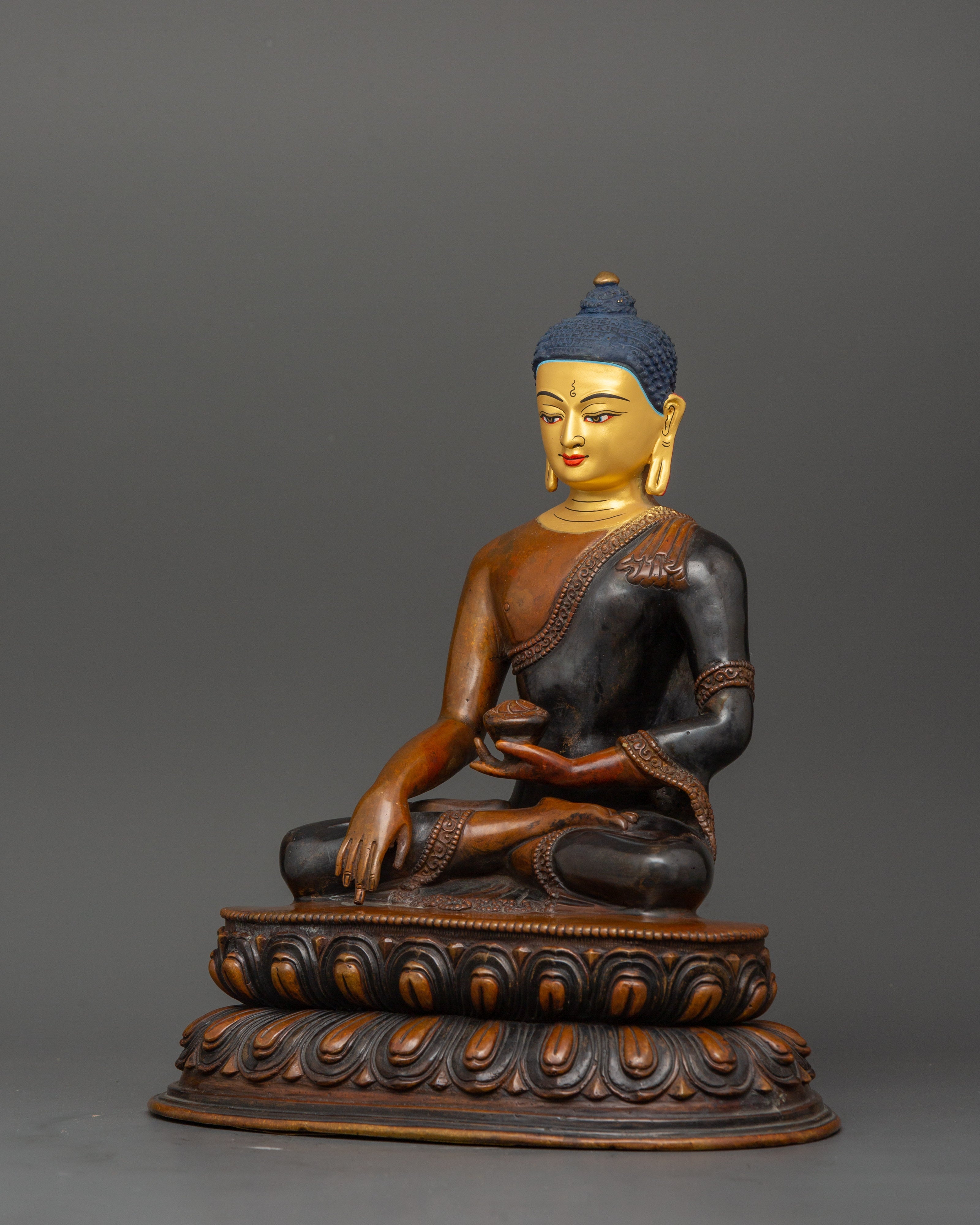Shakyamuni Buddha Tibetan Buddhist Statue | Oxidized Copper Body with Gold Plating