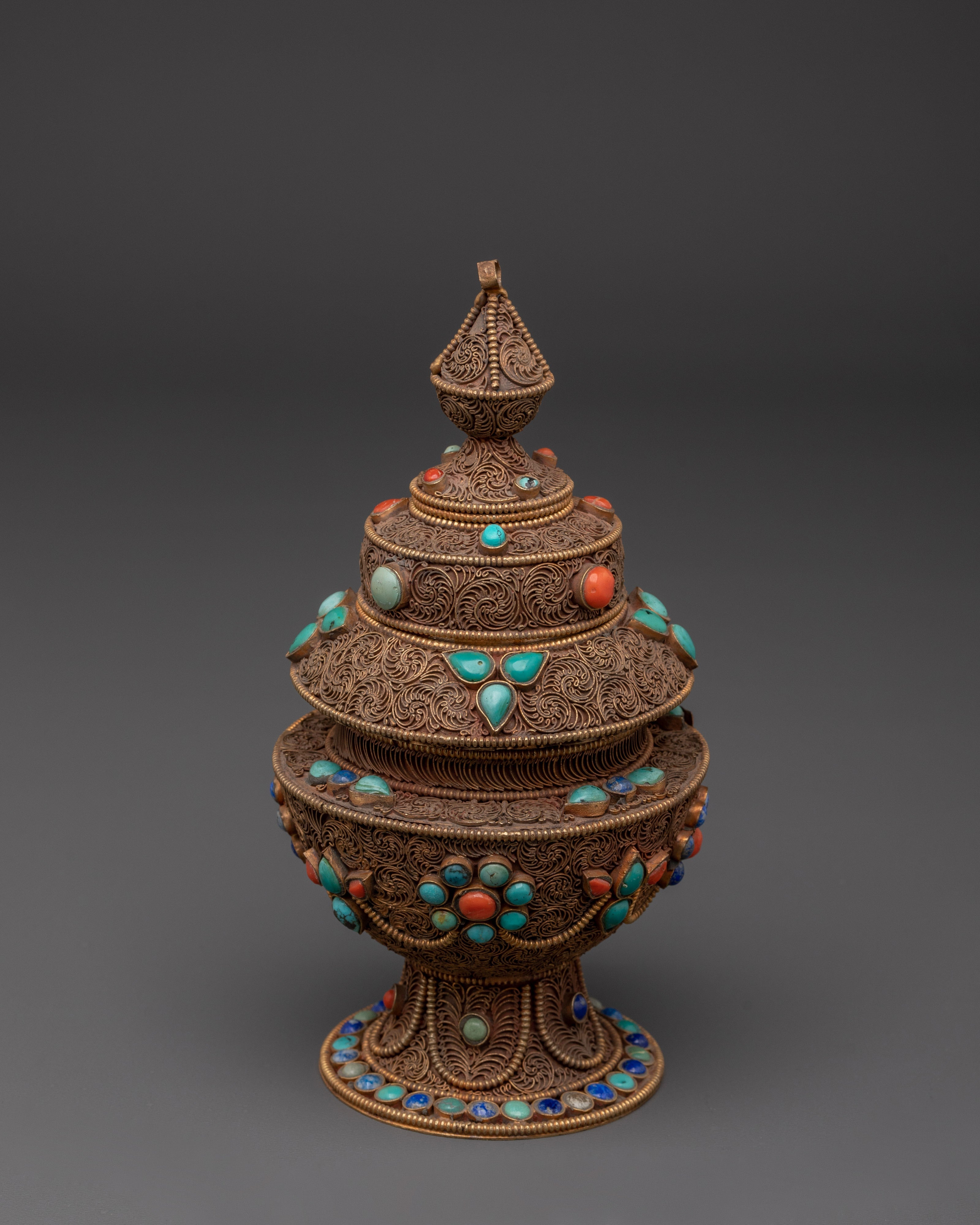 Handcrafted Tibetan Filigree Rice Pot | Copper Pot with Coral & Turquoise Inlays