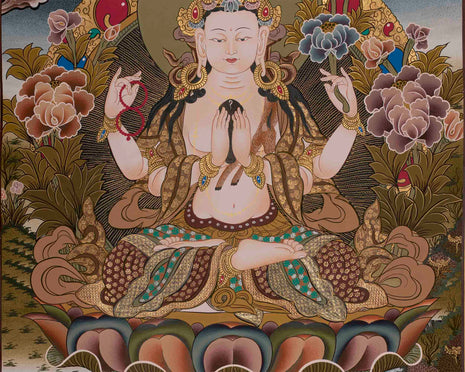 Four Armed Chengrezig Thanka | Hand-Painted Tibetan Thangka