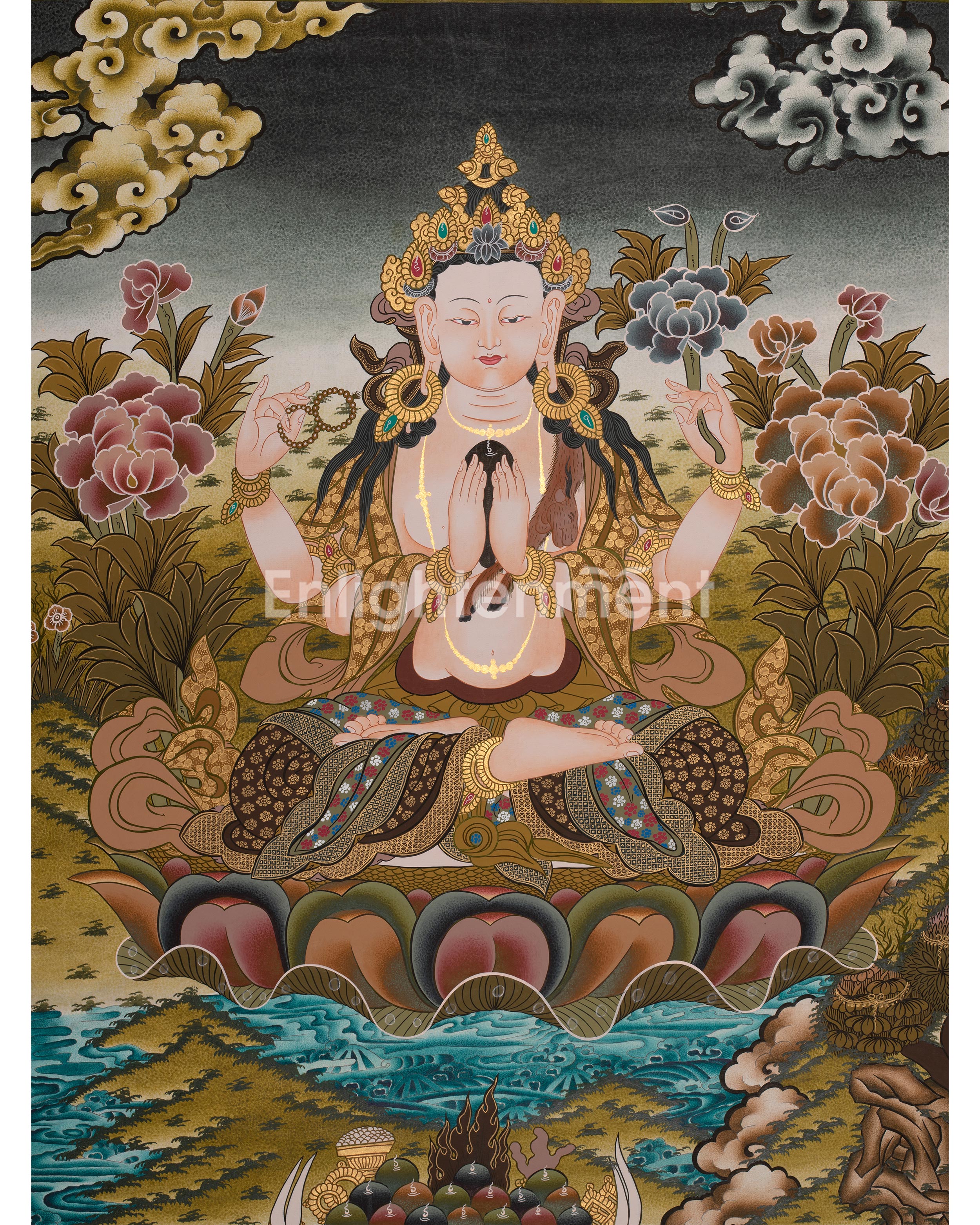 Four Armed Chenrezig Thanka | Hand-Painted Tibetan Bodhisattva Painting