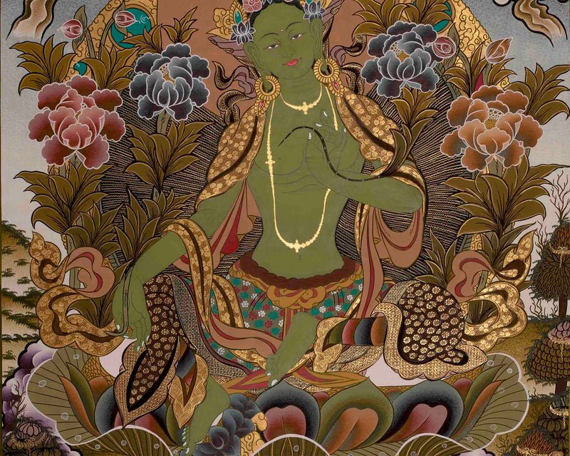 Original Hand-Painted Green Tara Thangka | Buddhist Religious Painting