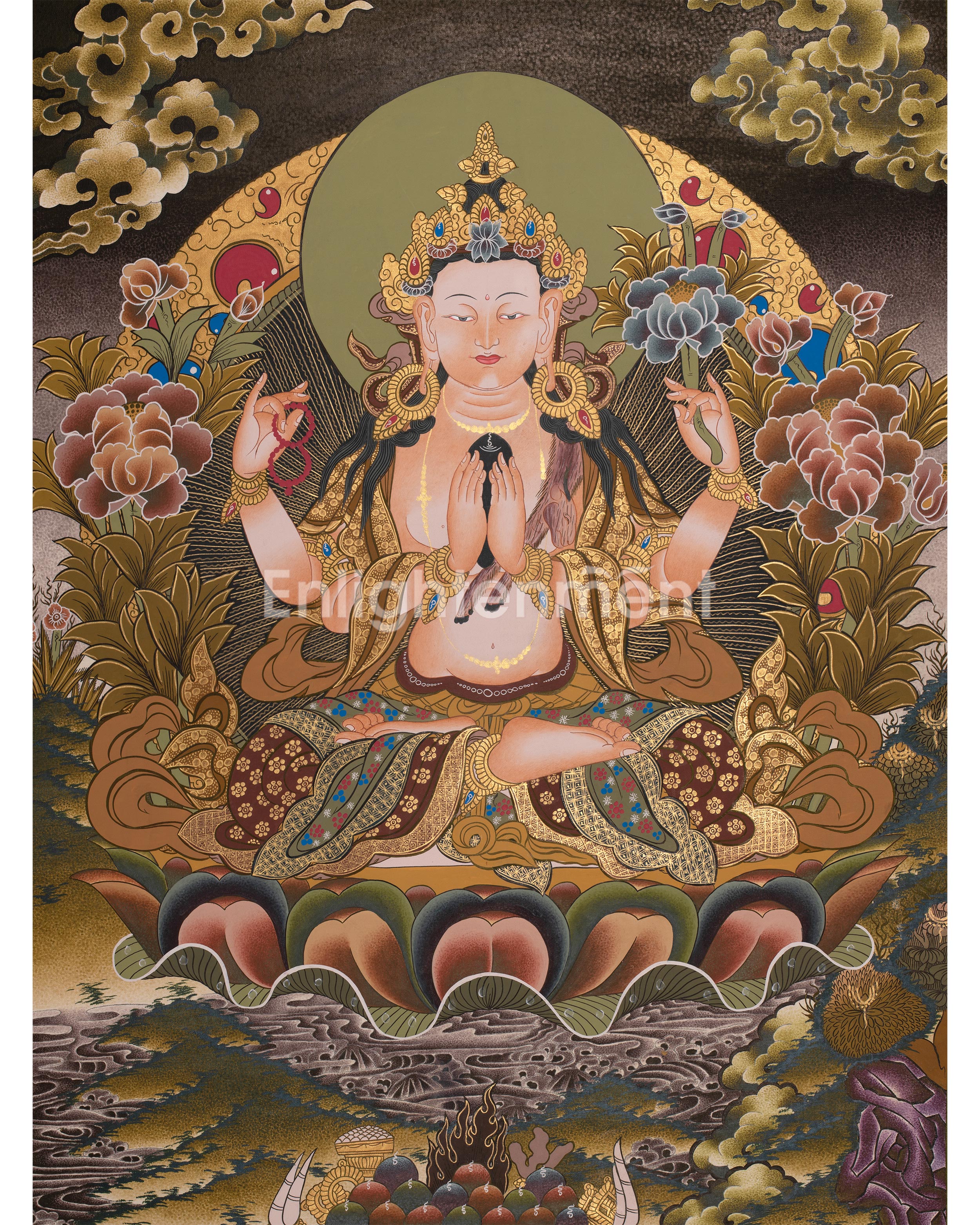 Four Armed Chenrezig Thanka | Hand-Painted Tibetan Bodhisattva Painting