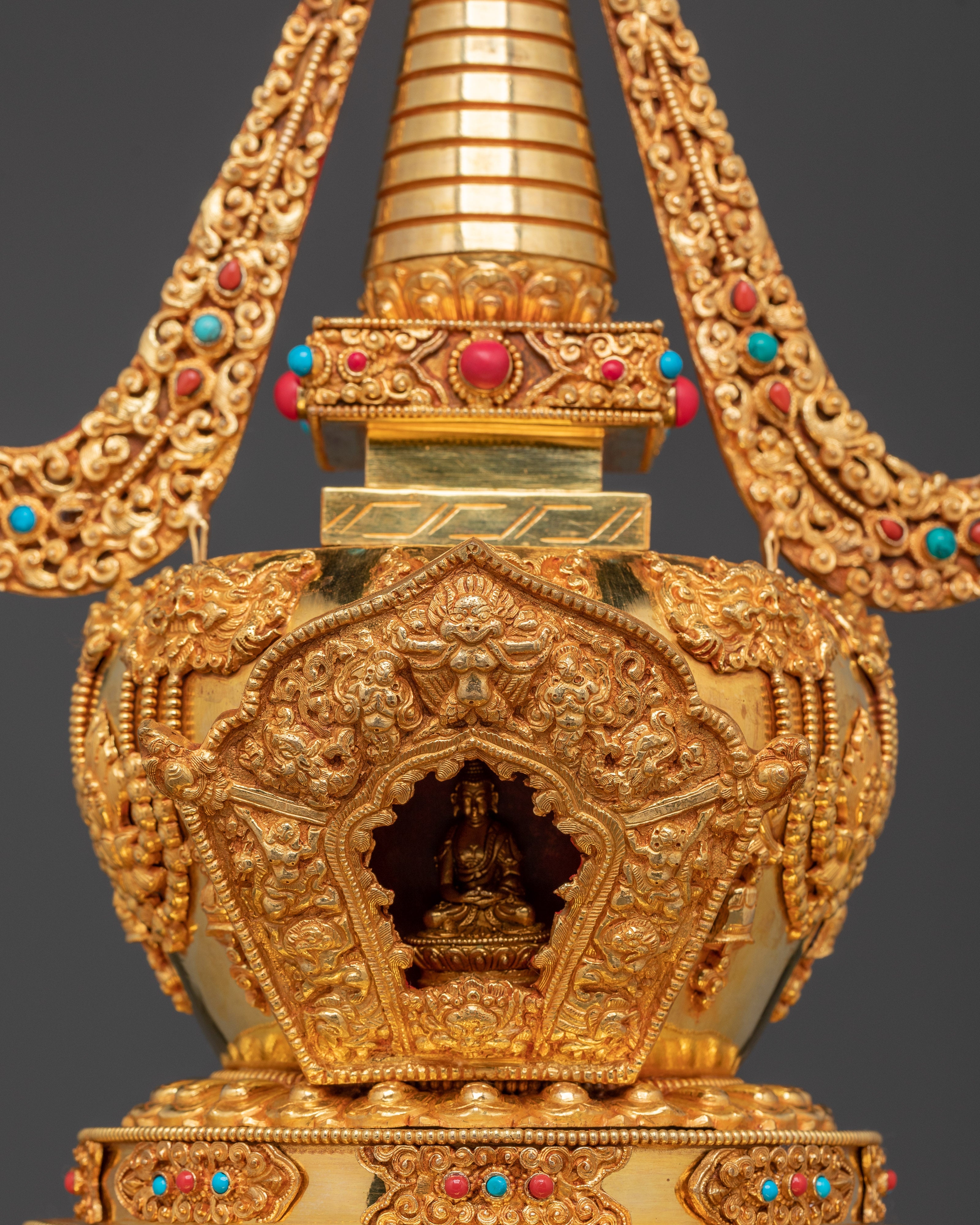 Gold-Plated Copper Buddhist Stupa for Tibetan Altar