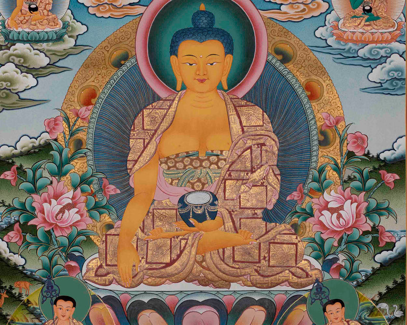 Divine Enlightenment: Shakyamuni Buddha, Five Buddhas, and Disciples Thangka