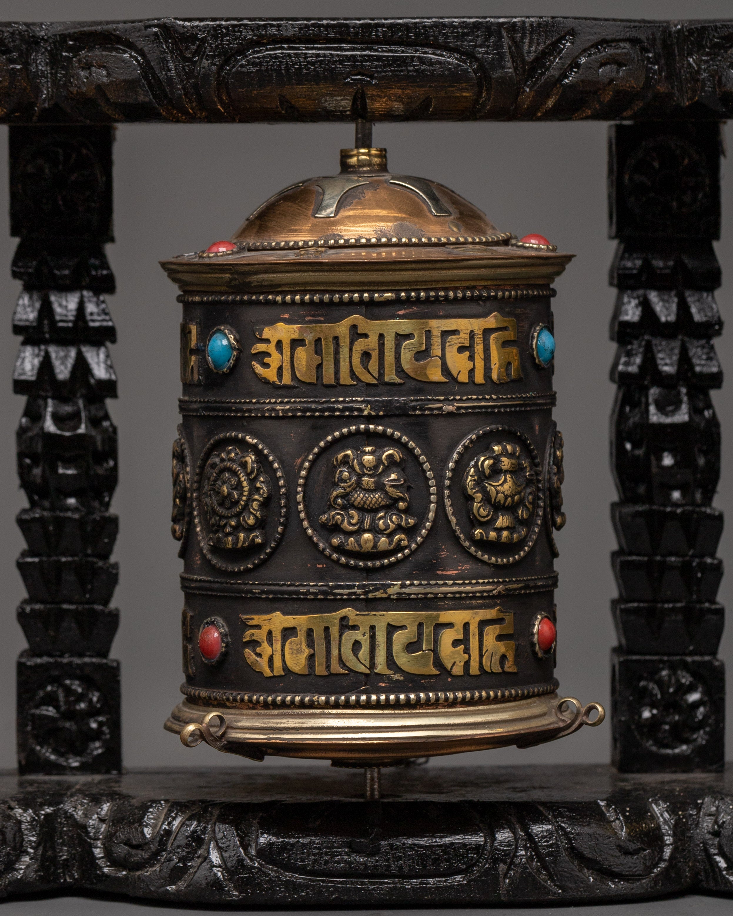 Five Tibetan Prayer Wheels on a Wooden Frame | Mantra Spinners