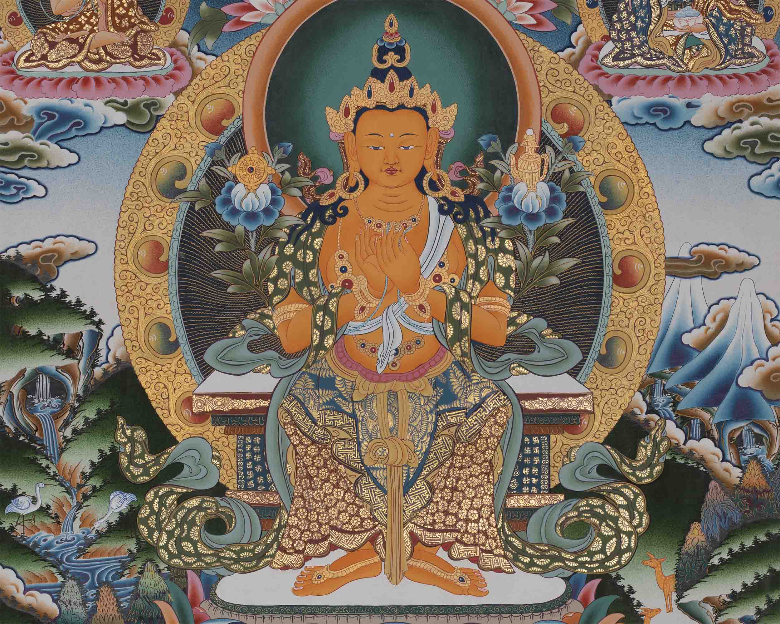 Maitreya Buddha Thangka Featuring Tsongkhapa, Guru Rinpoche, Green Tara & White Tara