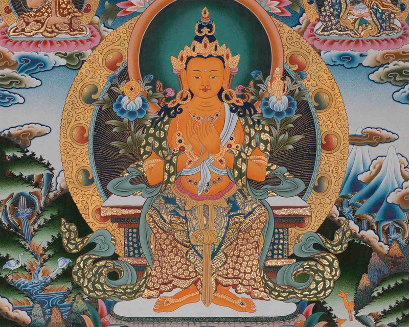 Maitreya Buddha Thangka Featuring Tsongkhapa, Guru Rinpoche, Green Tara & White Tara