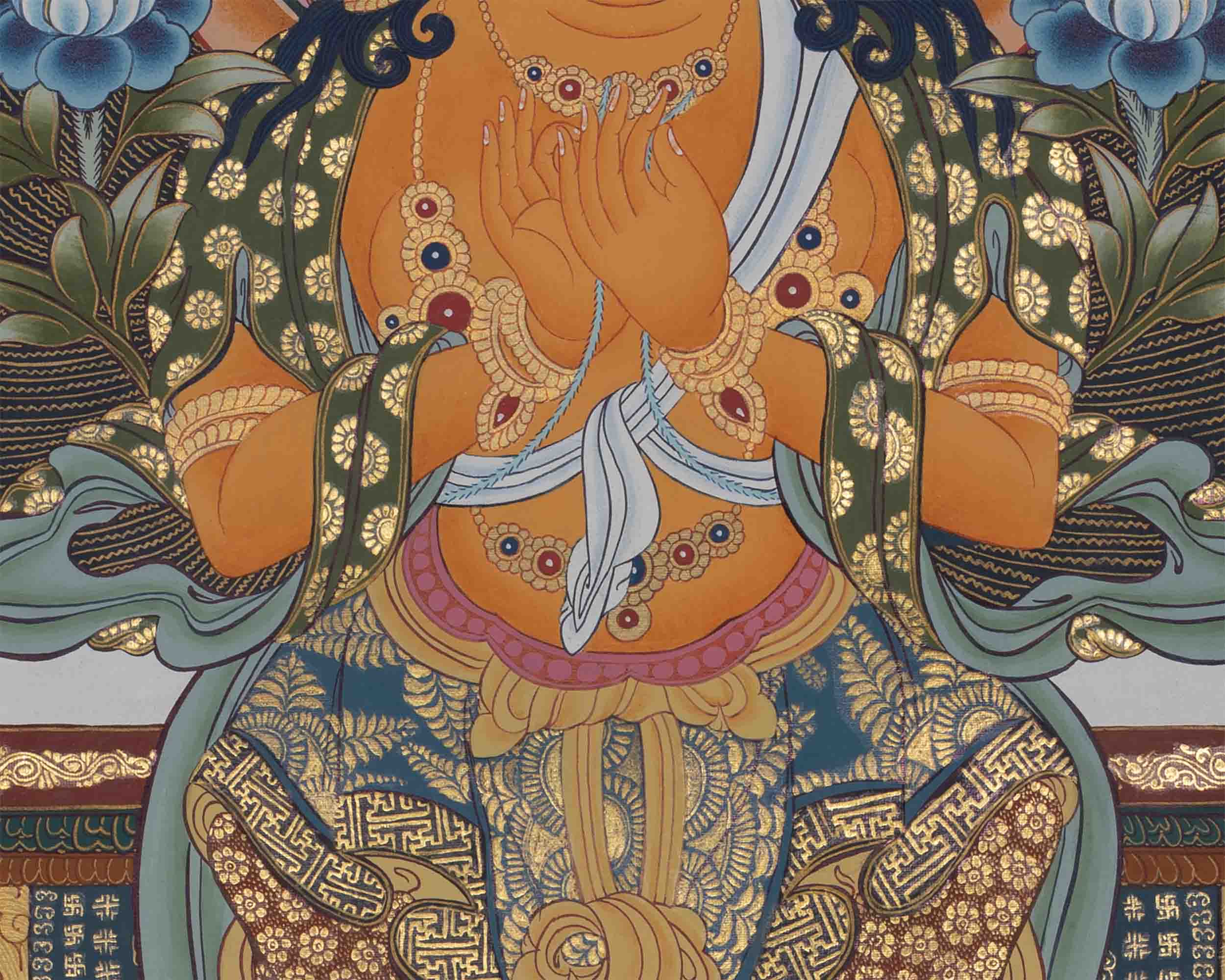 Maitreya Buddha Thangka Featuring Tsongkhapa, Guru Rinpoche, Green Tara & White Tara