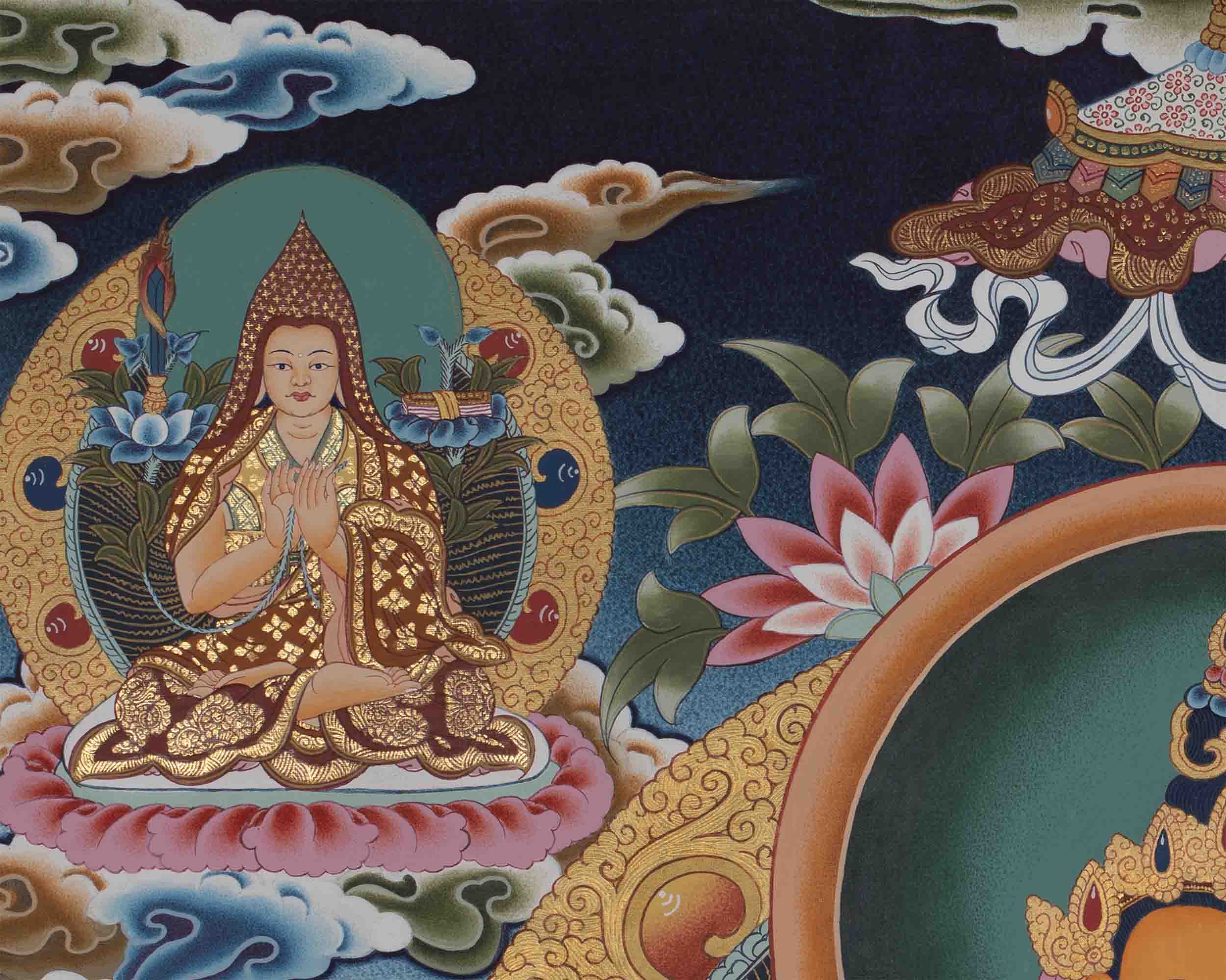 Maitreya Buddha Thangka Featuring Tsongkhapa, Guru Rinpoche, Green Tara & White Tara
