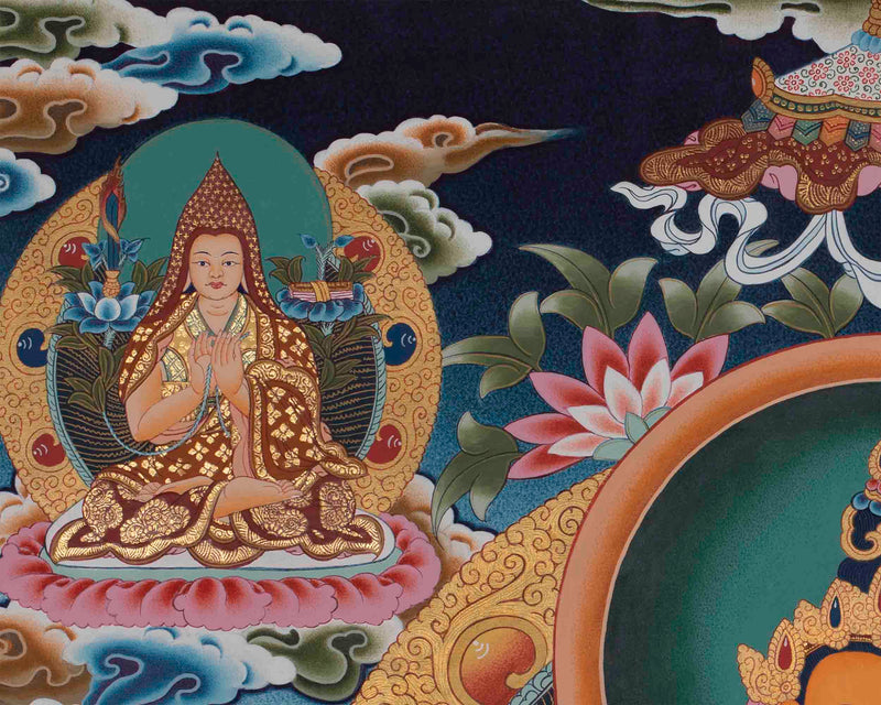 Maitreya Buddha Thangka Featuring Tsongkhapa, Guru Rinpoche, Green Tara & White Tara