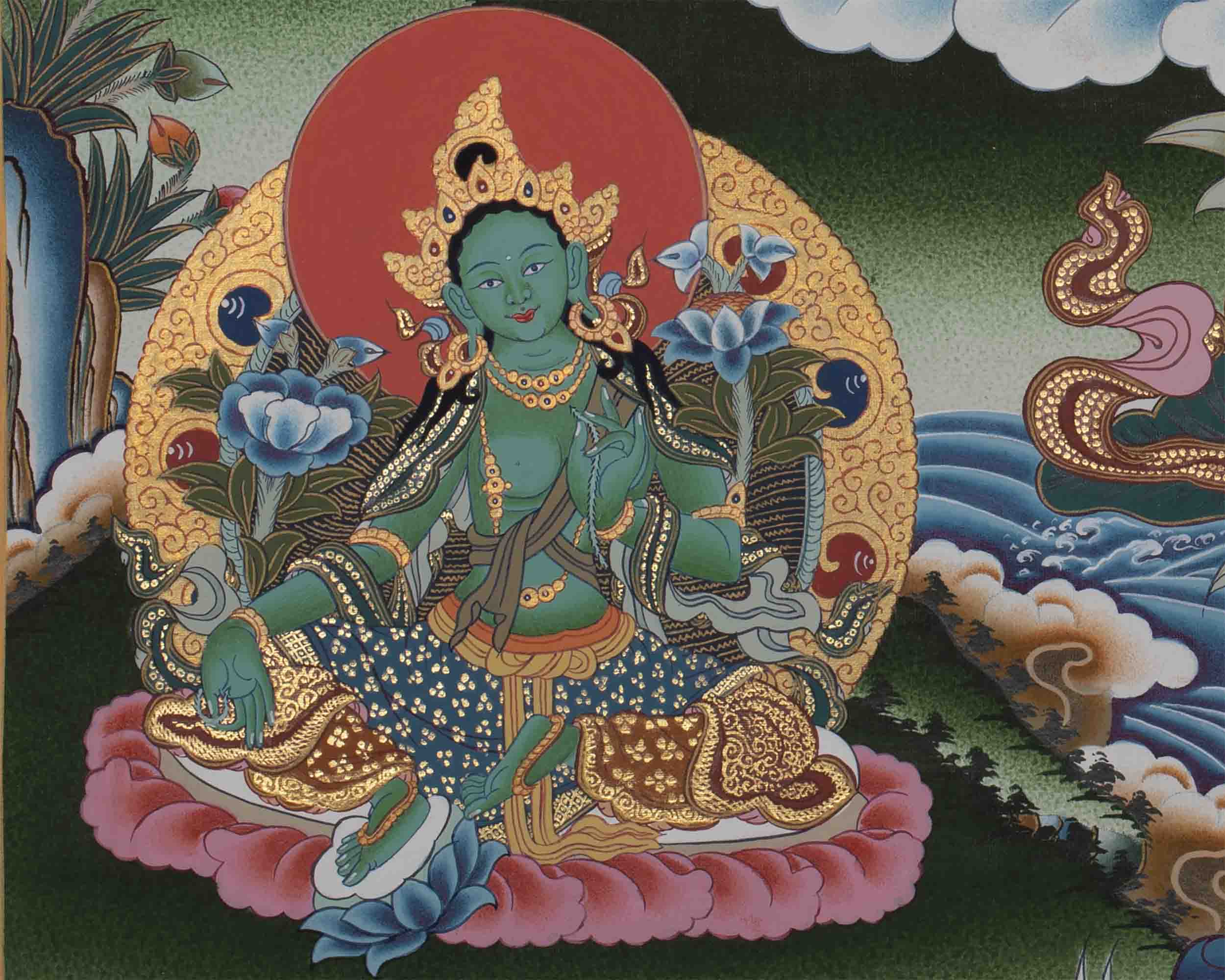 Maitreya Buddha Thangka Featuring Tsongkhapa, Guru Rinpoche, Green Tara & White Tara