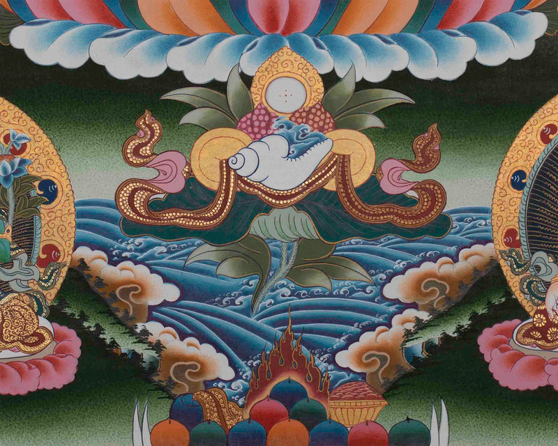 Maitreya Buddha Thangka Featuring Tsongkhapa, Guru Rinpoche, Green Tara & White Tara