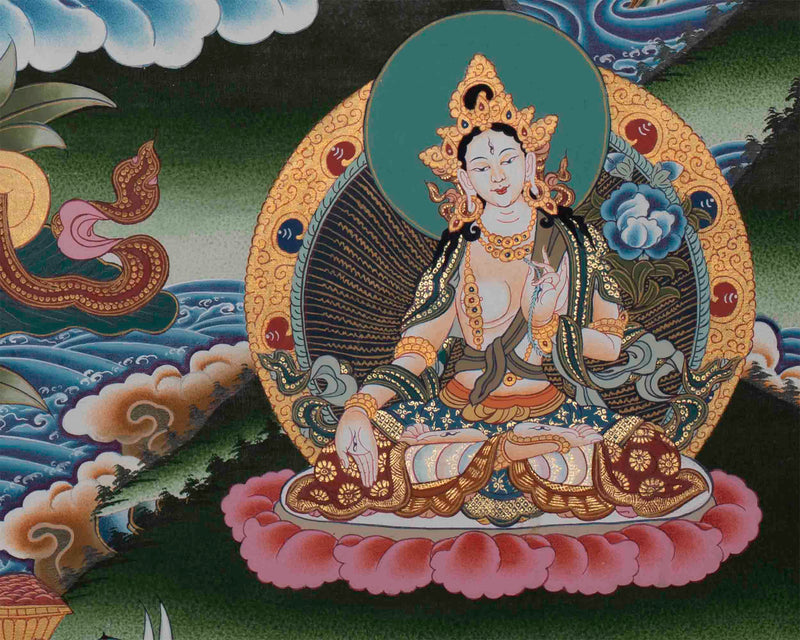 Maitreya Buddha Thangka Featuring Tsongkhapa, Guru Rinpoche, Green Tara & White Tara