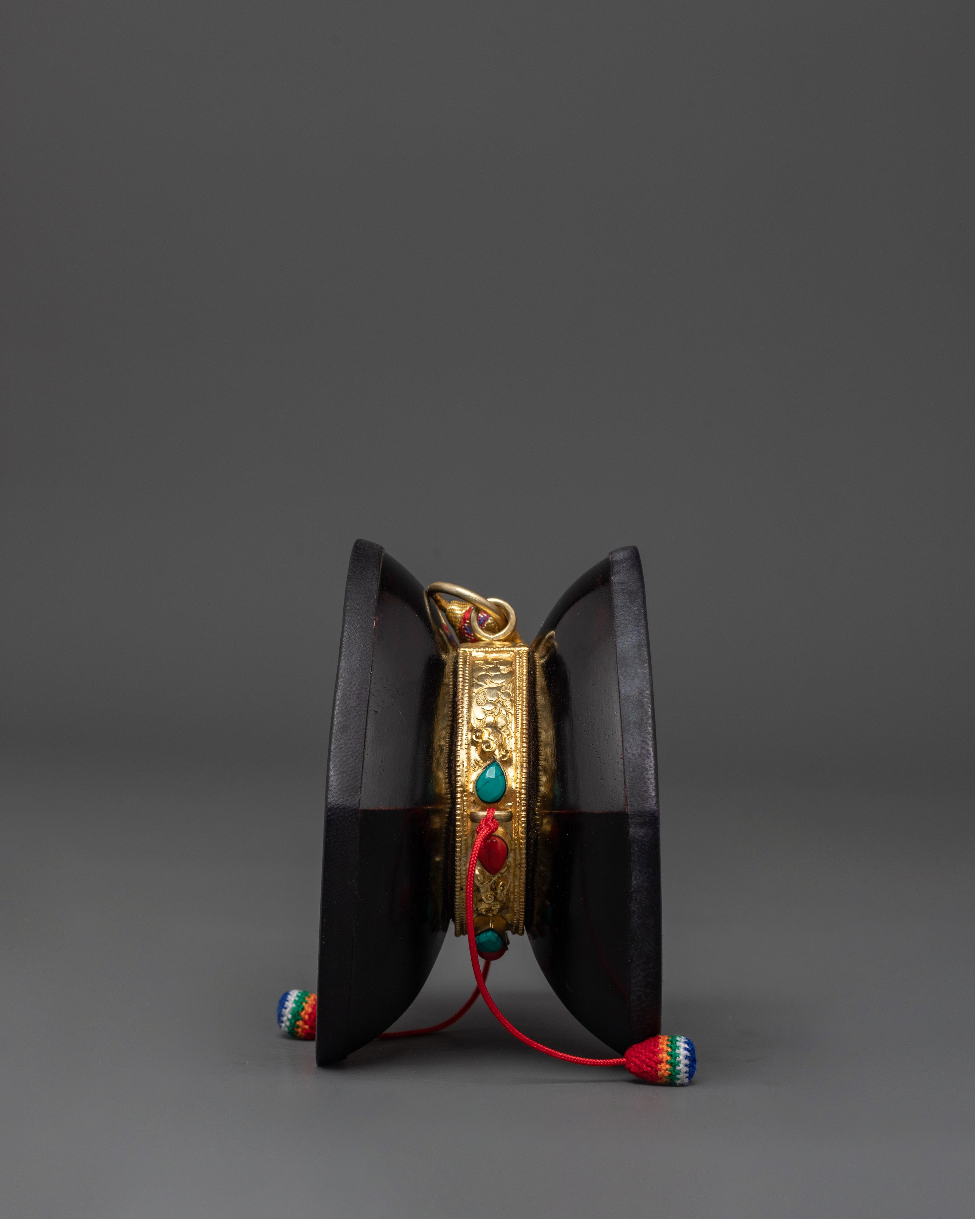 Handheld Acacia Wood Damaru | Tibetan Ritual Drum with Gold Plated