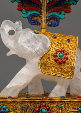 Shakyamuni Buddha on Crystal Elephant | Lapis & Coral Inlaid Gold Statue