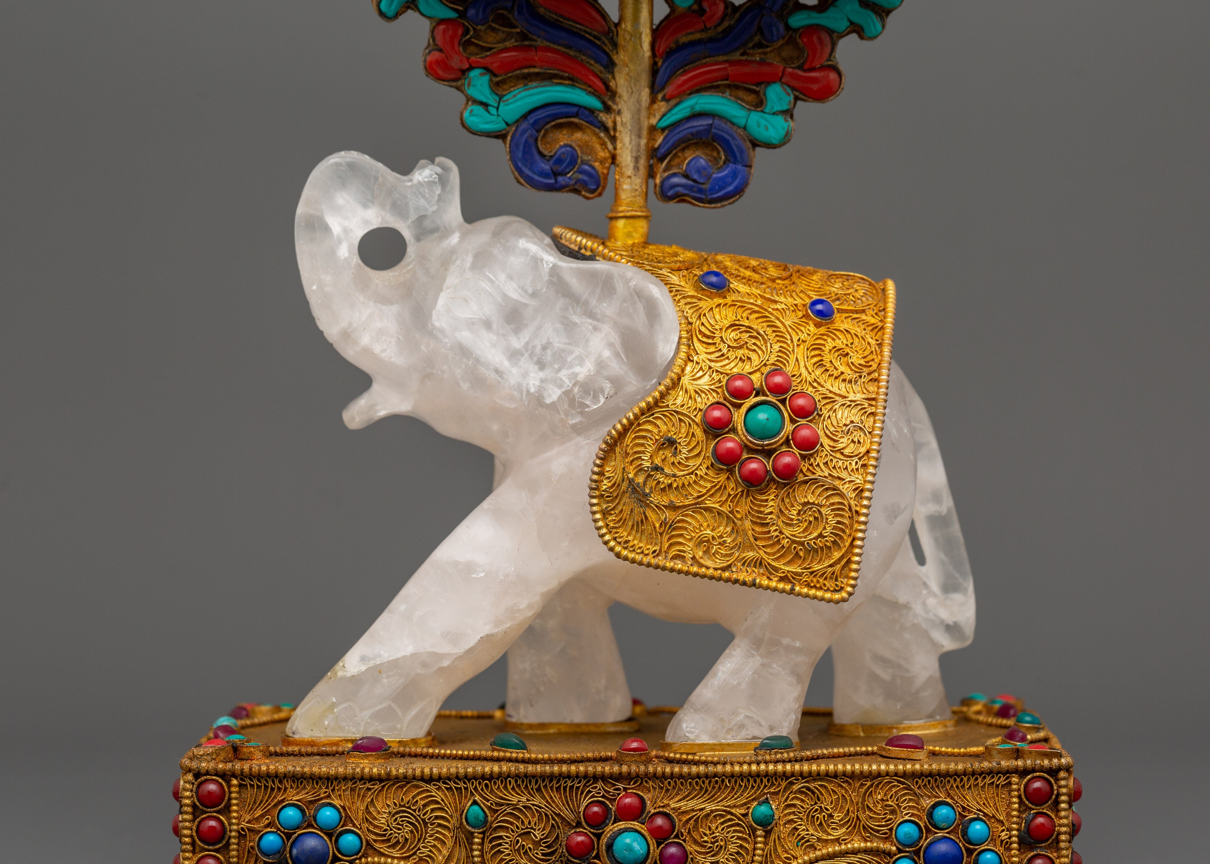 Shakyamuni Buddha on Crystal Elephant | Lapis & Coral Inlaid Gold Statue