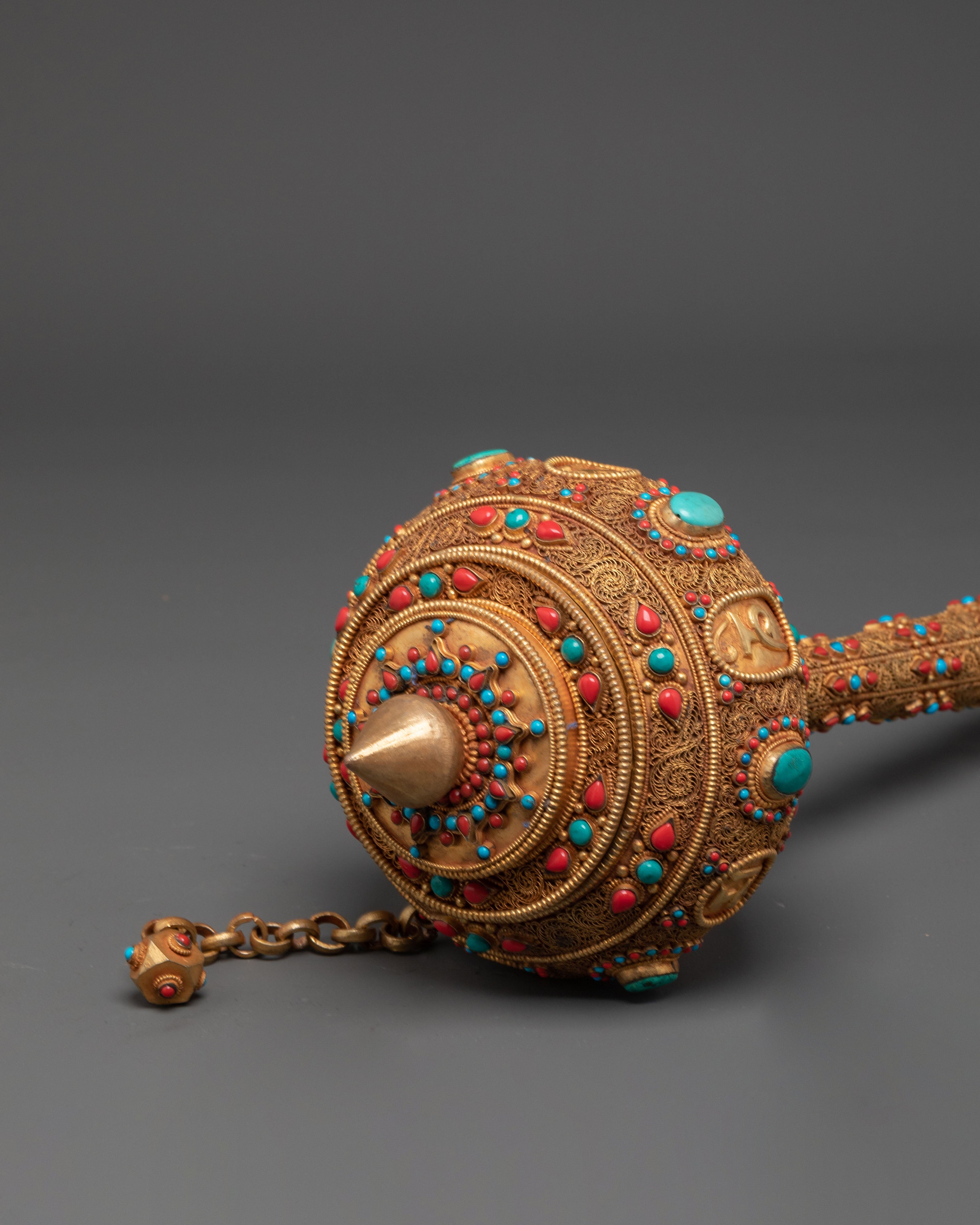 Prayer Wheel for Accumulating Merit | Gold Plated Copper Wheel with Coral and Turquoise