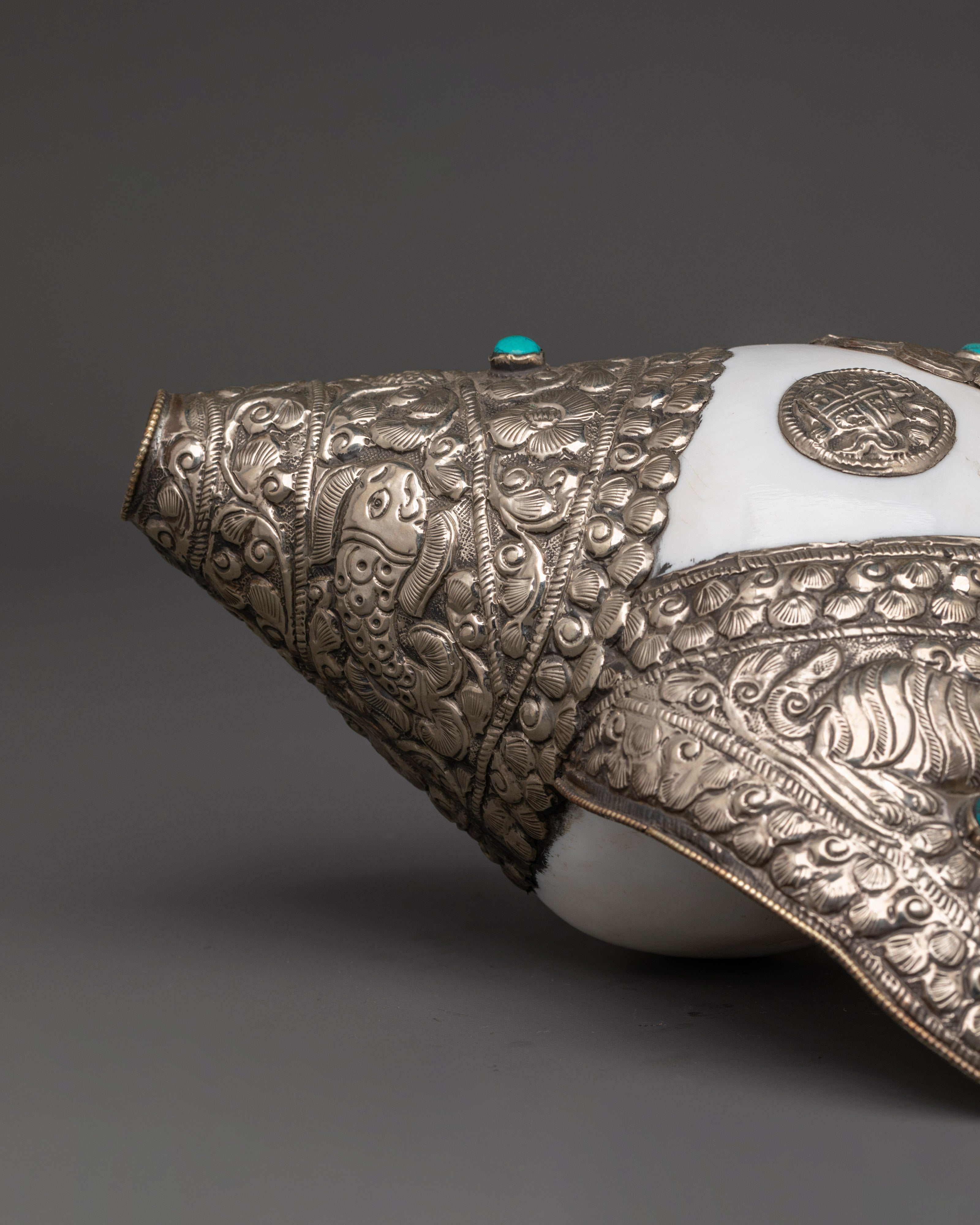 Handcrafted Puja Conch Shell | Tibetan Shankha with Brass and Turquoise Stone