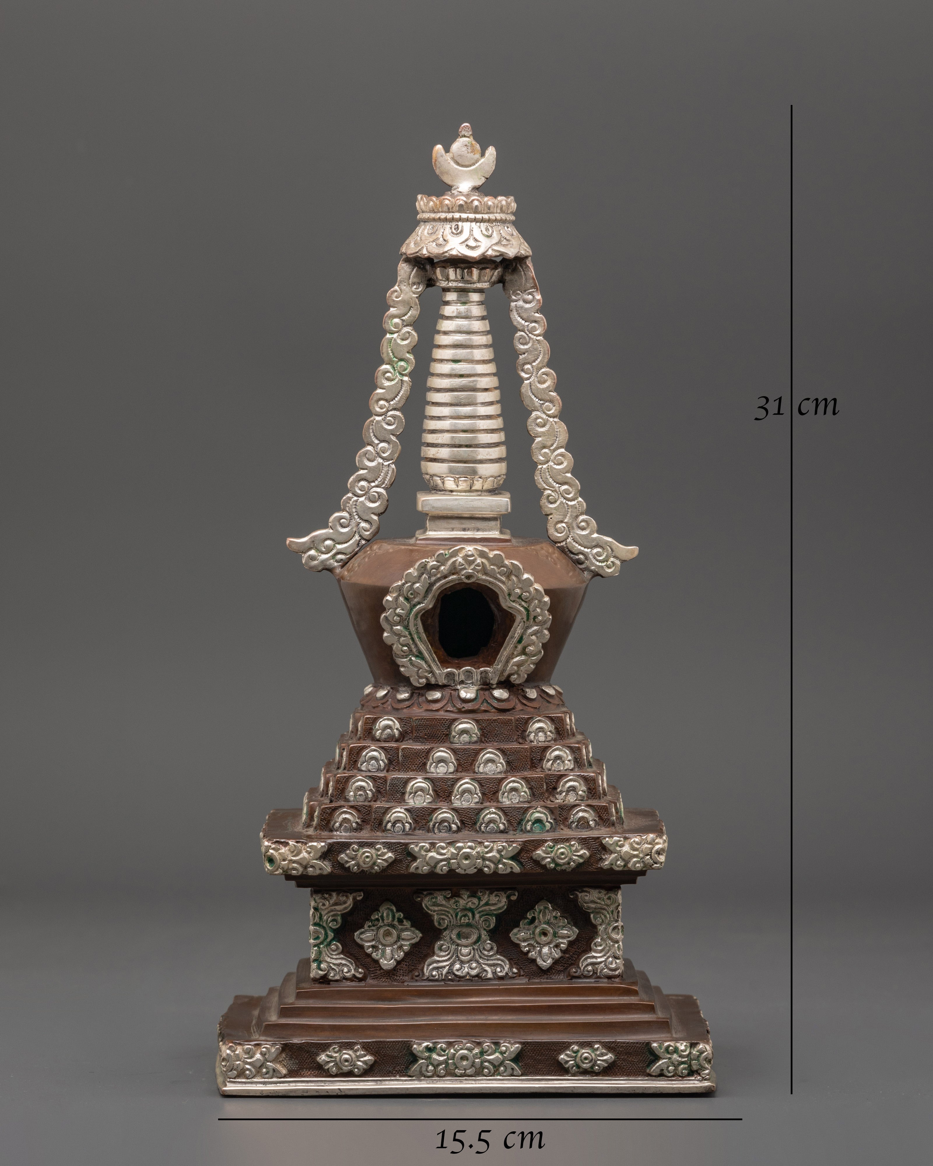 Handmade Silver Plated Buddhist Stupa | Spiritual Altar Decor