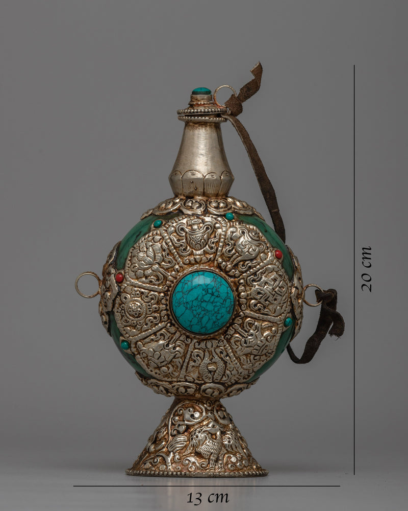 Tibetan White Metal Snuff Bottle | Silver-Plated with Turquoise Stone Inlay for Exquisite Craftsmanship