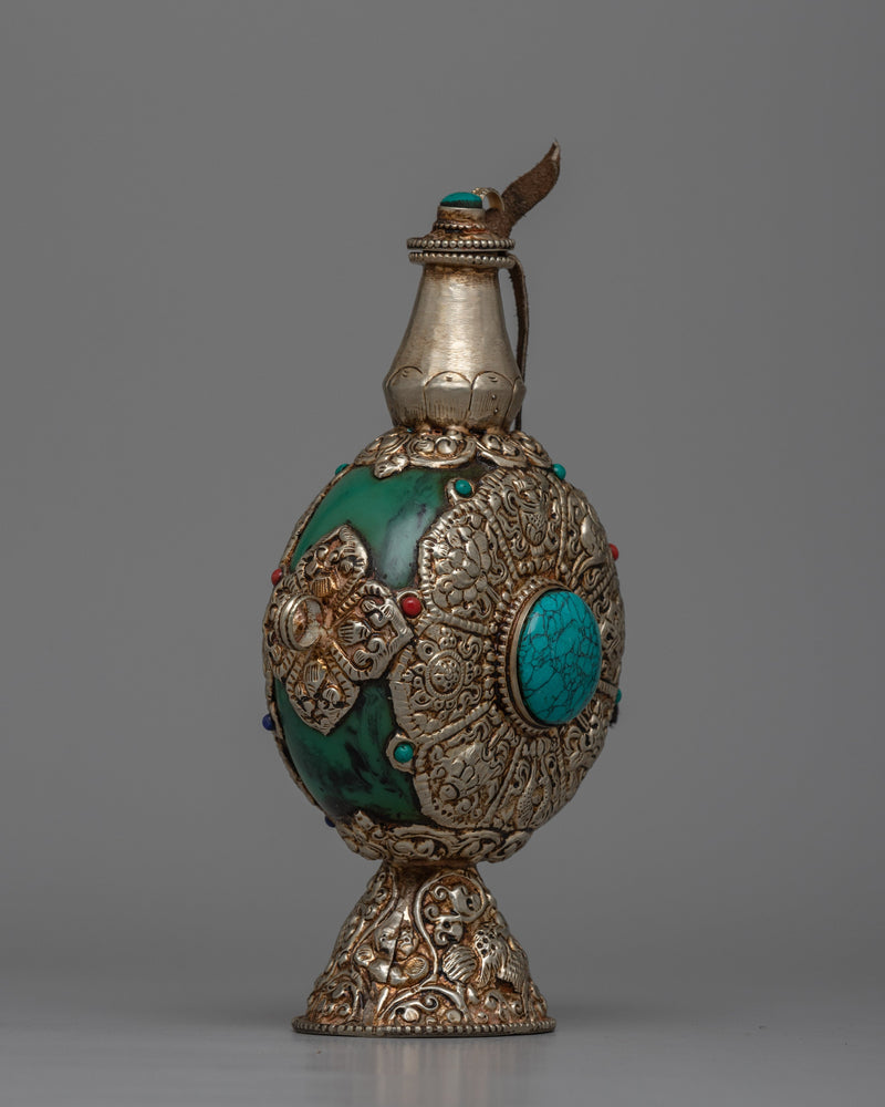 Tibetan White Metal Snuff Bottle | Silver-Plated with Turquoise Stone Inlay for Exquisite Craftsmanship