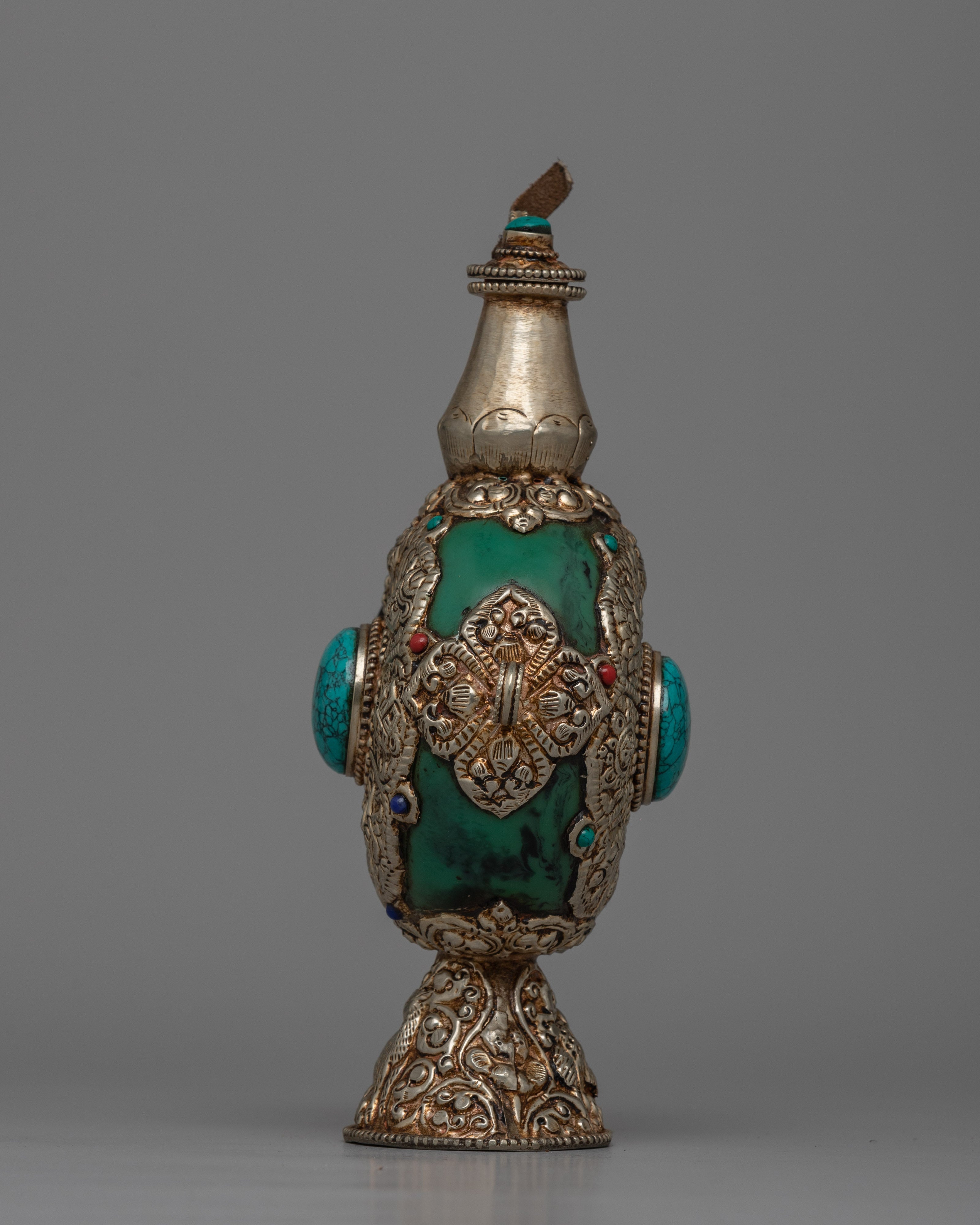 Tibetan White Metal Snuff Bottle | Silver-Plated with Turquoise Stone Inlay for Exquisite Craftsmanship