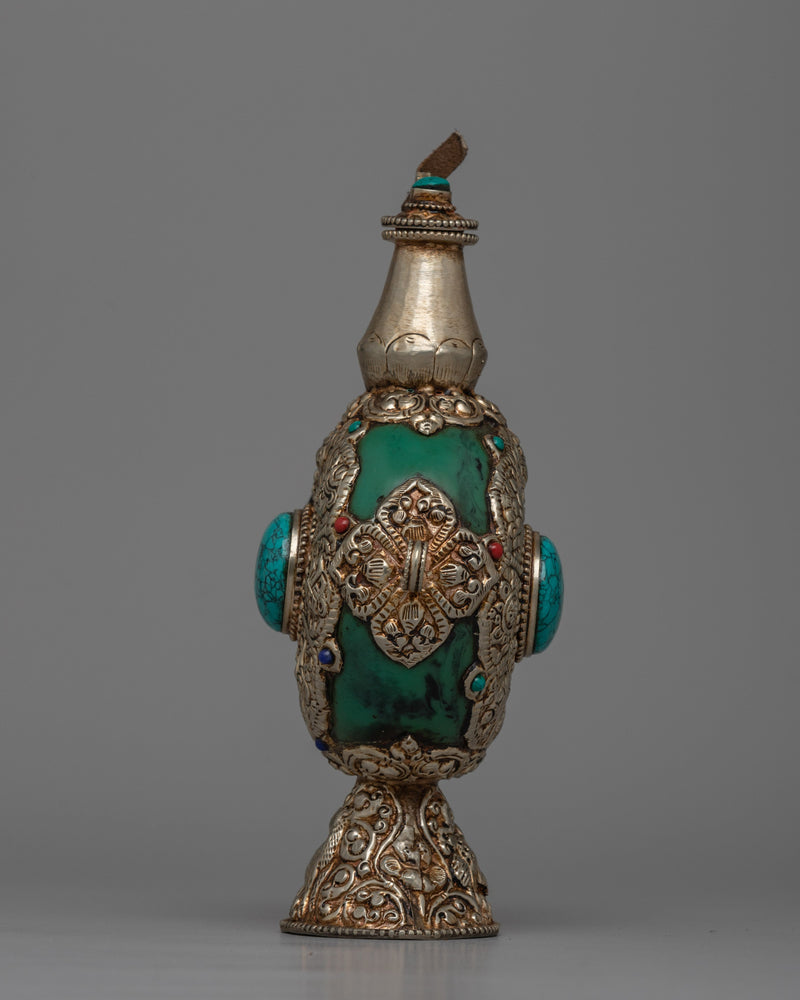 Tibetan White Metal Snuff Bottle | Silver-Plated with Turquoise Stone Inlay for Exquisite Craftsmanship