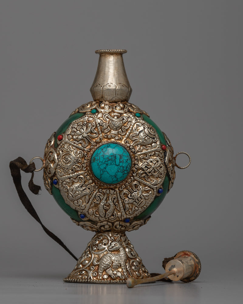 Tibetan White Metal Snuff Bottle | Silver-Plated with Turquoise Stone Inlay for Exquisite Craftsmanship