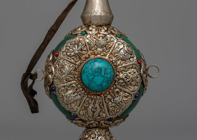 Tibetan White Metal Snuff Bottle | Silver-Plated with Turquoise Stone Inlay for Exquisite Craftsmanship