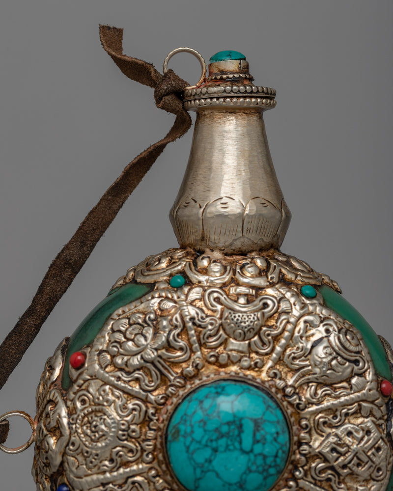 Tibetan White Metal Snuff Bottle | Silver-Plated with Turquoise Stone Inlay for Exquisite Craftsmanship