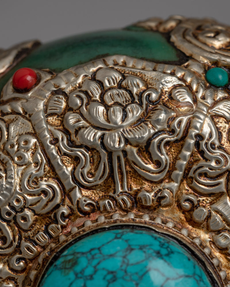 Tibetan White Metal Snuff Bottle | Silver-Plated with Turquoise Stone Inlay for Exquisite Craftsmanship