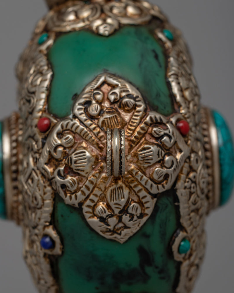 Tibetan White Metal Snuff Bottle | Silver-Plated with Turquoise Stone Inlay for Exquisite Craftsmanship