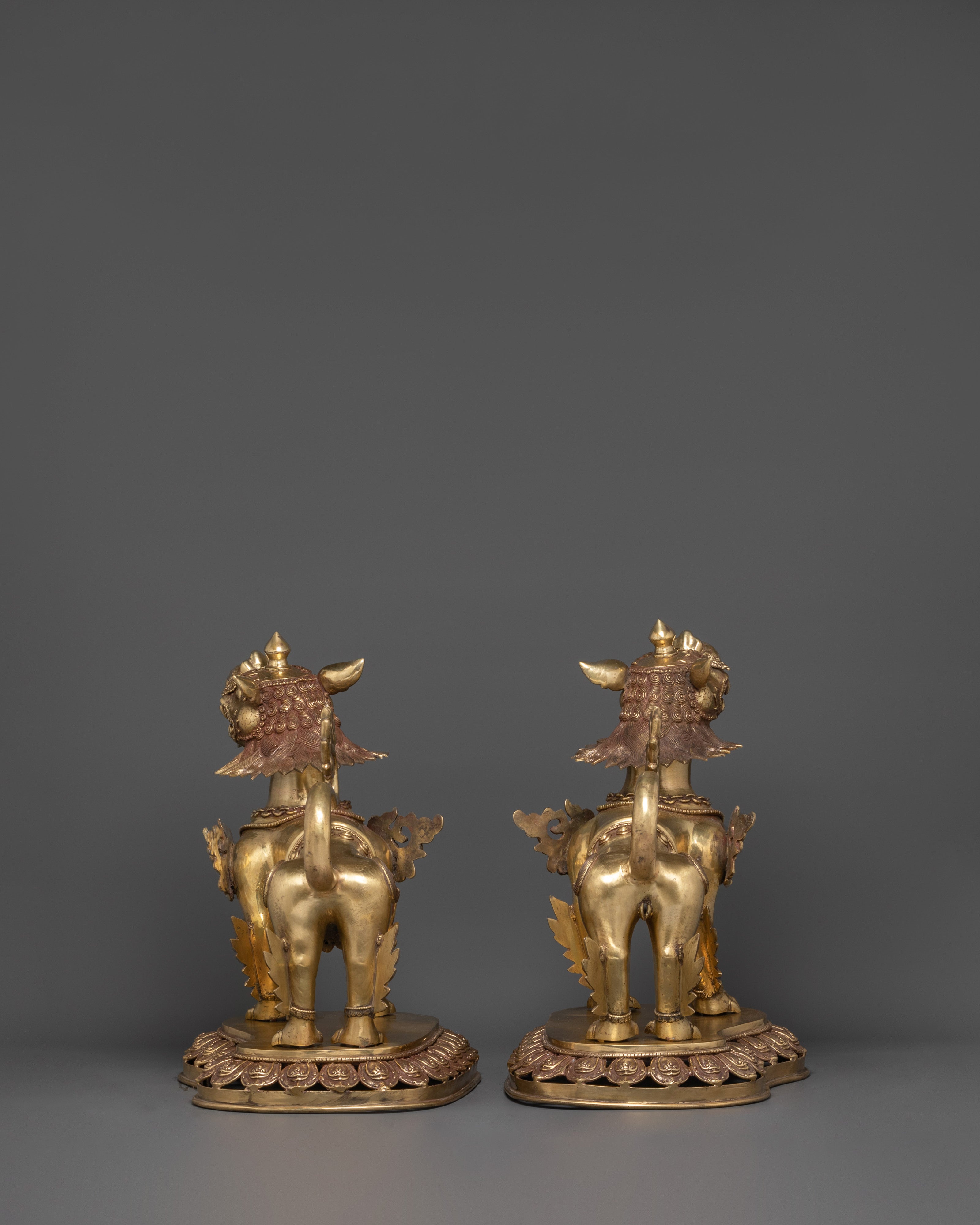 Sacred Tibetan Buddhist Guardian Lions Set | Brass Snow Lion Protector Statues
