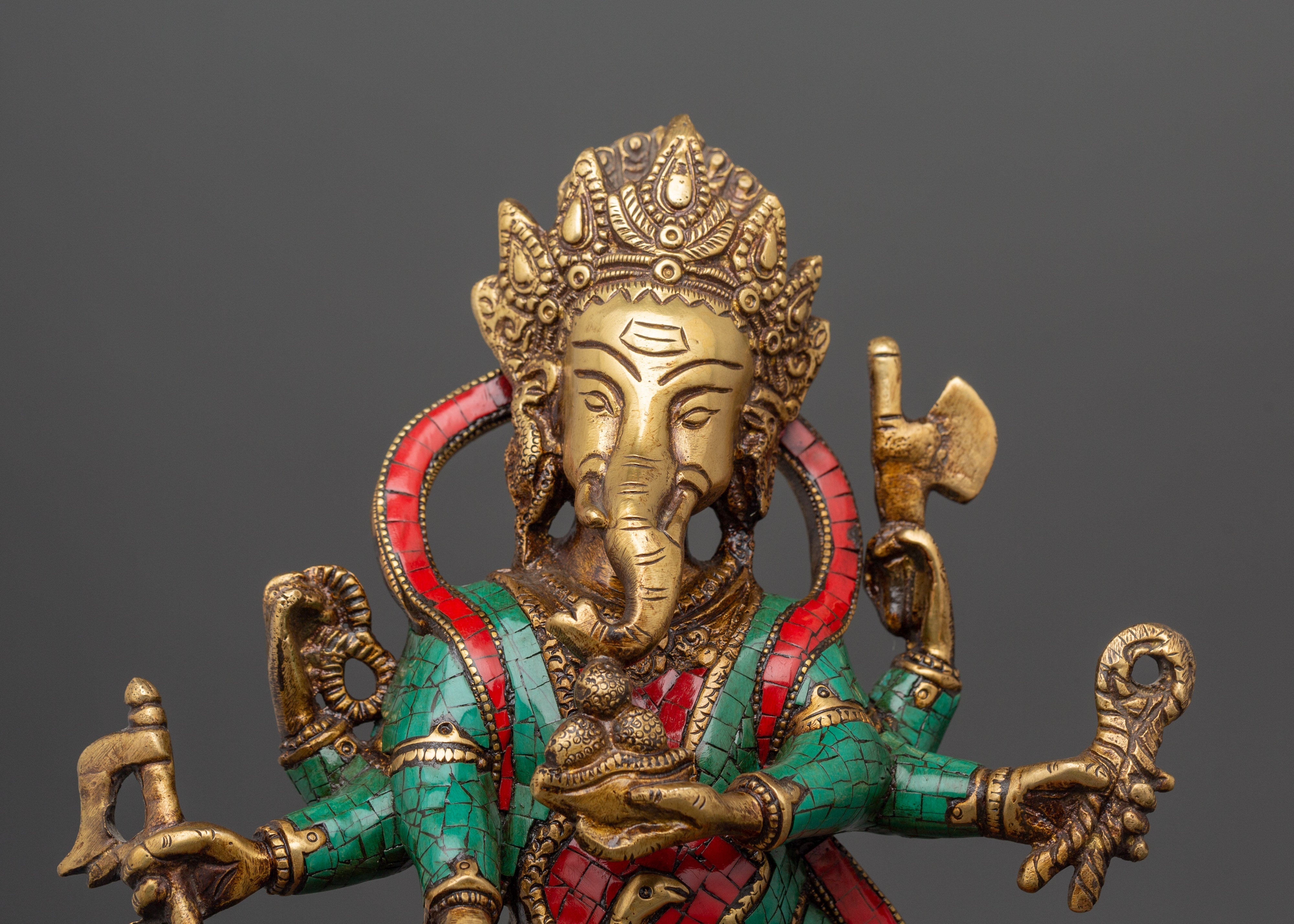 Lord Ganesh In Dance Posture Statue | Brass Ganesh Statue with Turquoise & Coral