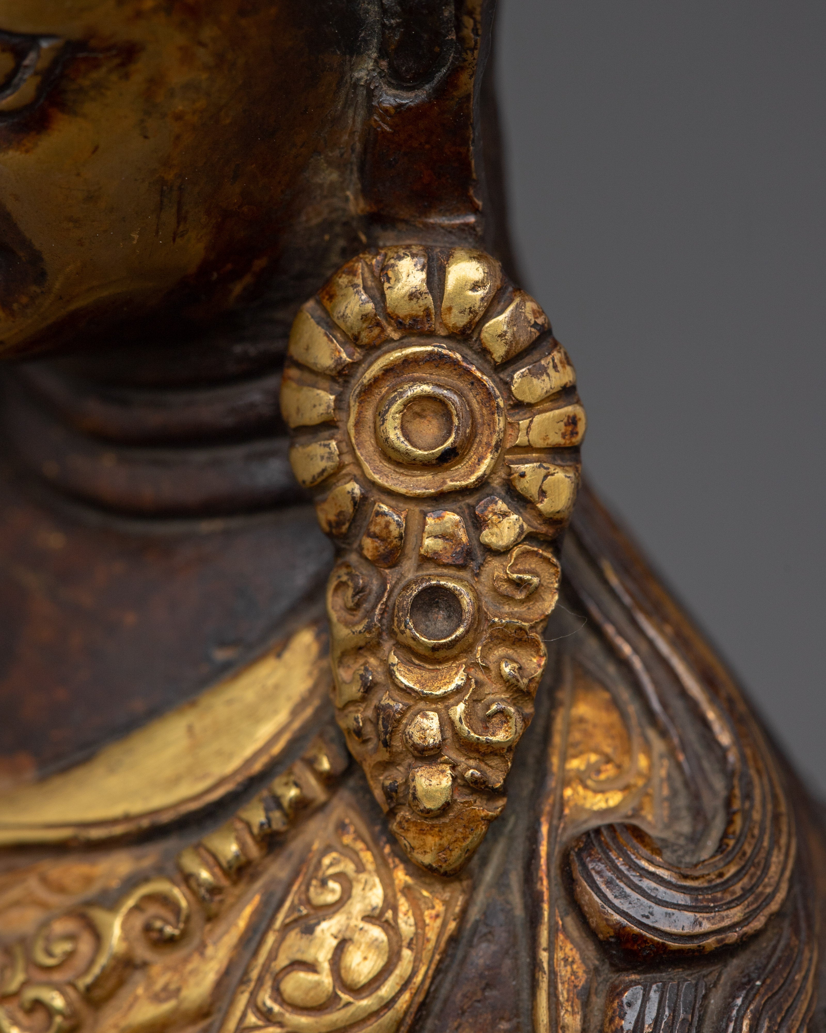 Oxidized Copper Statue of Guru Rinpoche | Gold-Plated Tibetan Spiritual Figure