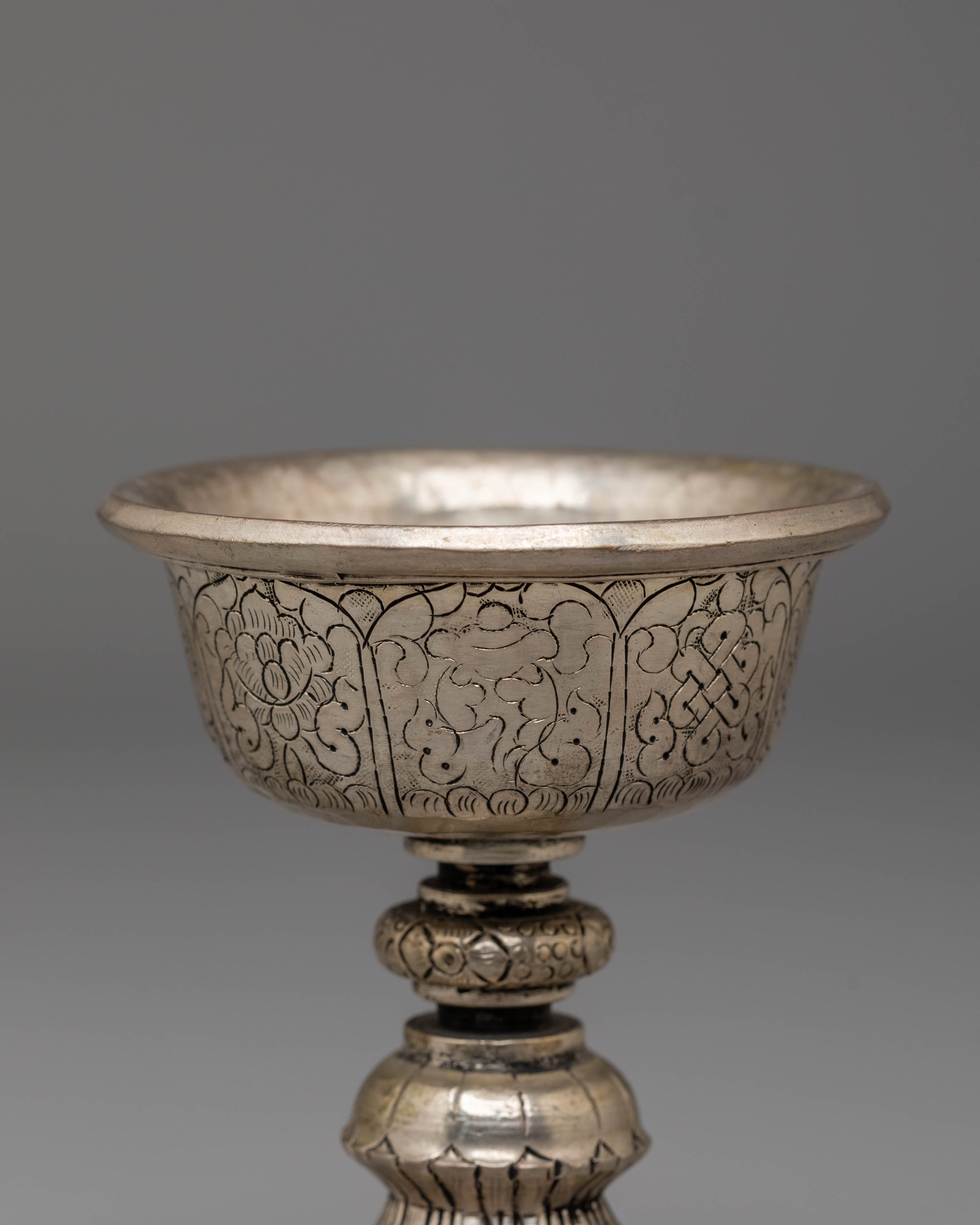 Handmade Buddhist Dharma Offering Lamp | Silver Plated Copper Ritual Light