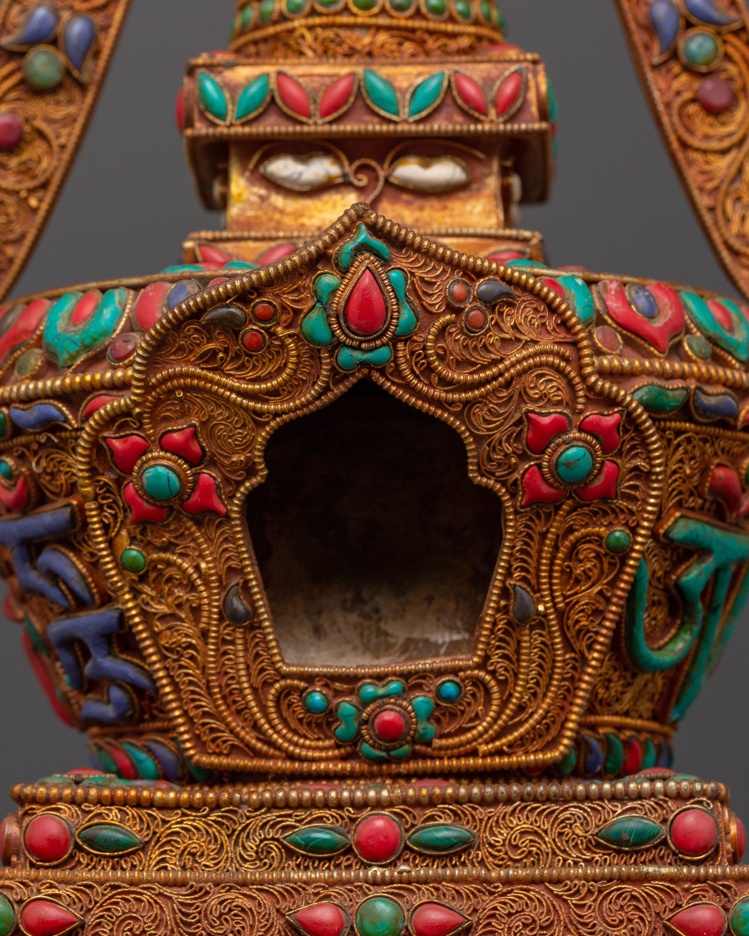 Copper Buddhist Chorten with Turquoise and  Coral | Spiritual Symbol of Peace