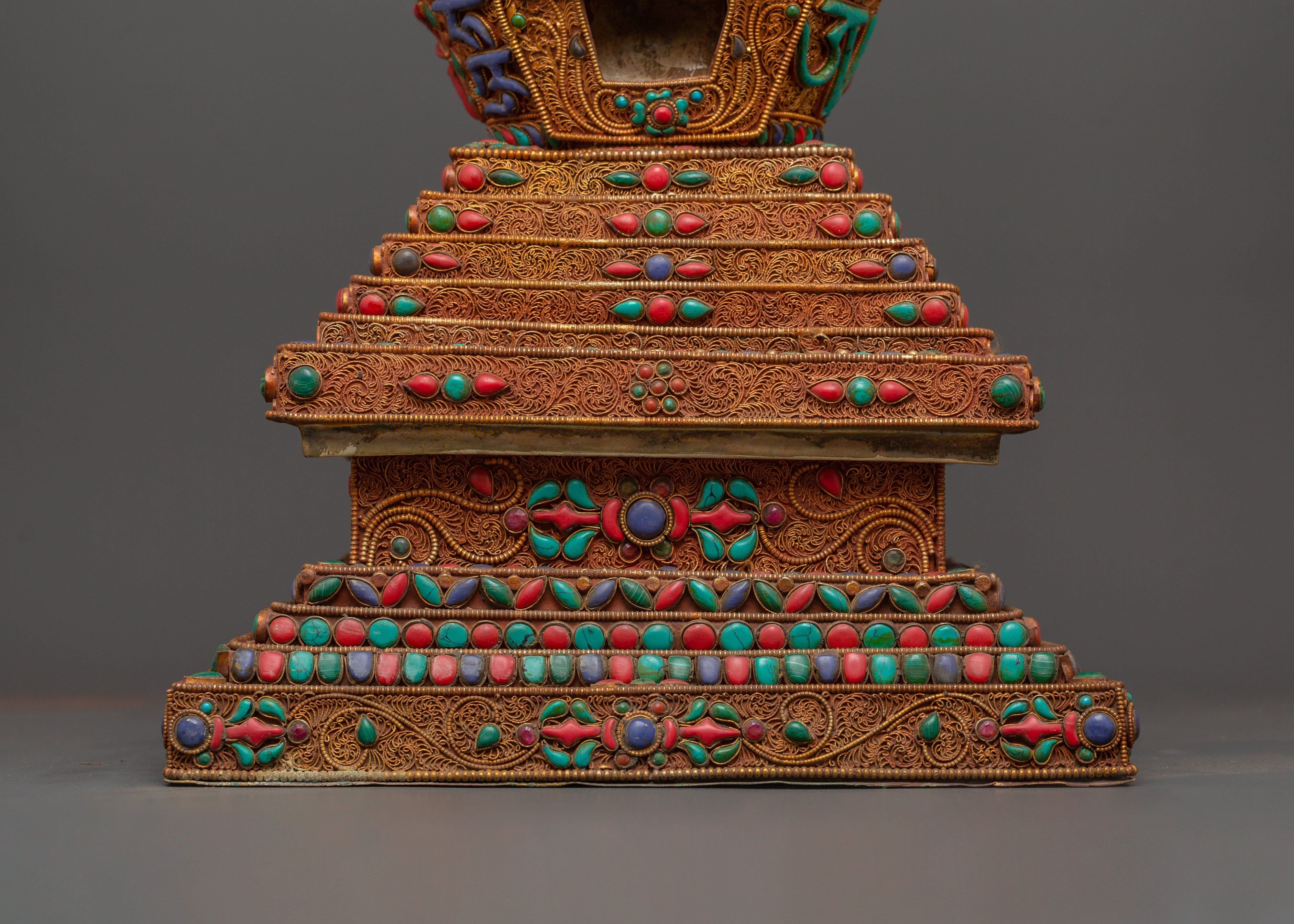 Copper Buddhist Chorten with Turquoise and  Coral | Spiritual Symbol of Peace