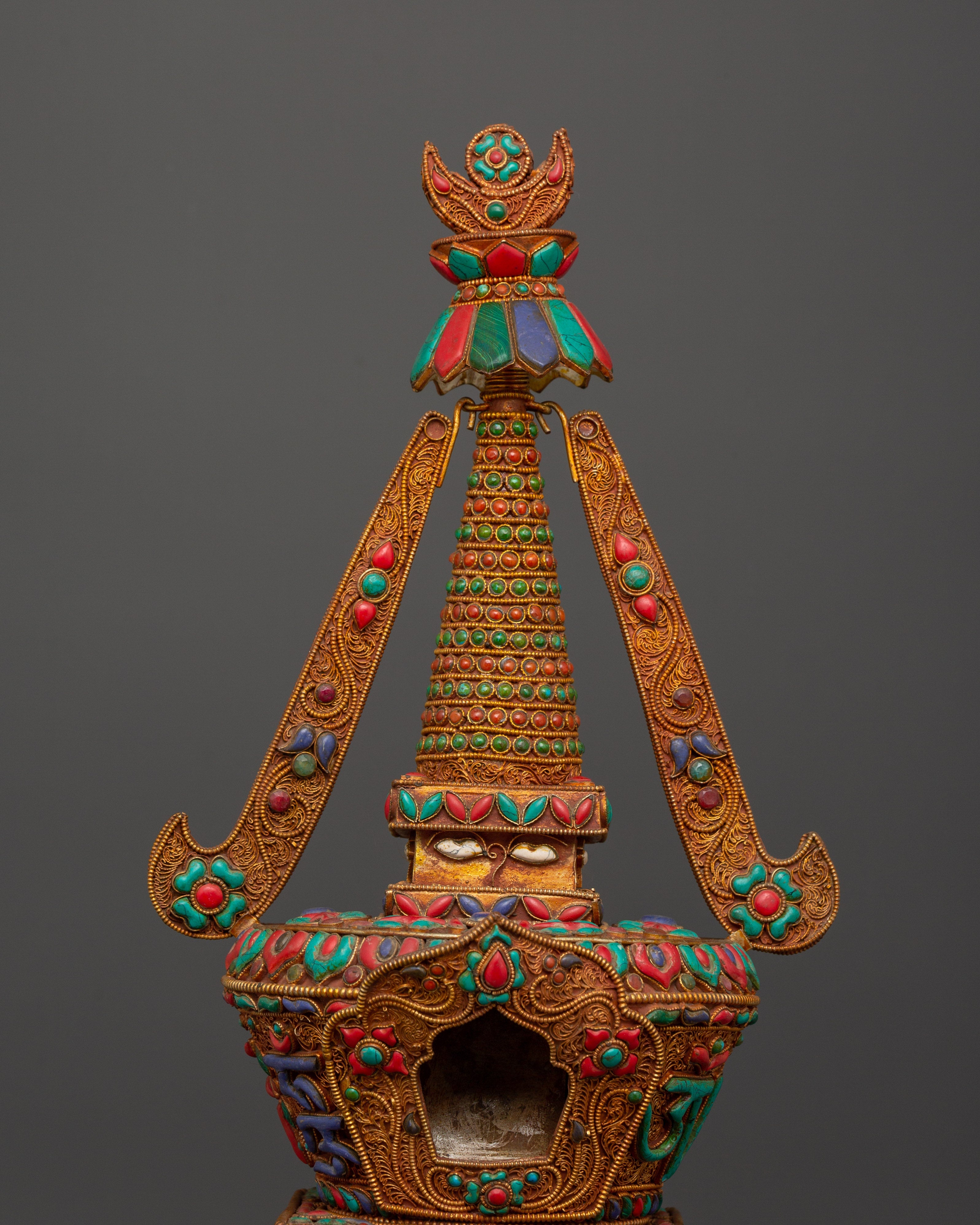 Copper Buddhist Chorten with Turquoise and  Coral | Spiritual Symbol of Peace