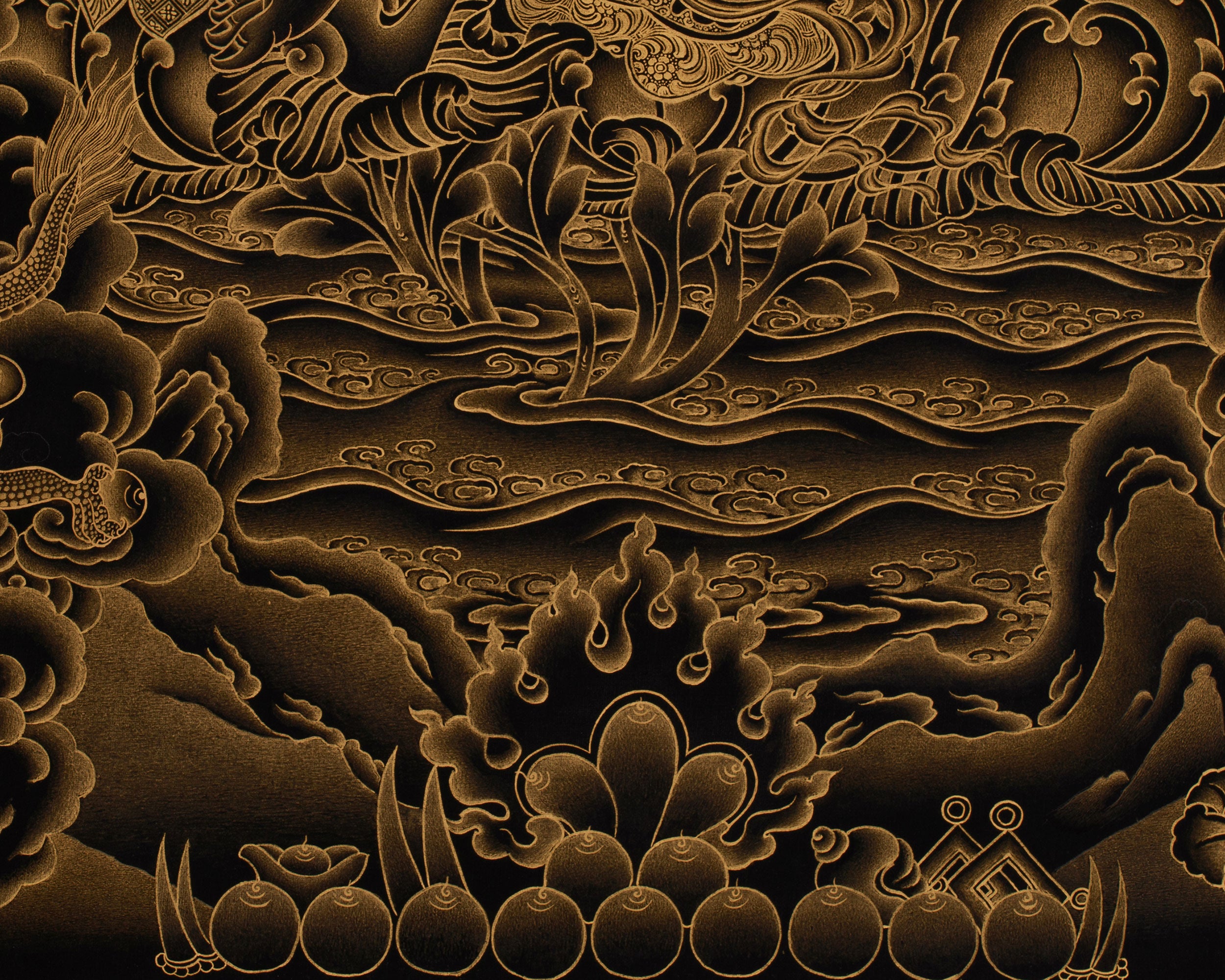Gold on Black Five Dzambhalas Thangka | Hand-Painted Tibetan Wealth Deities