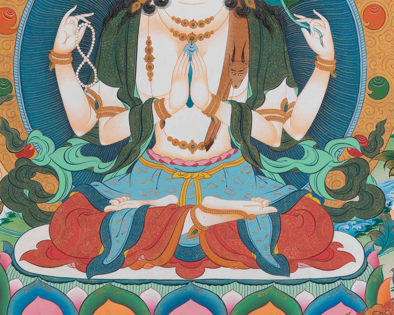 Chenrezig Thangka Print Enveloped by Bodhisattvas' Grace | Traditional Wall Decors