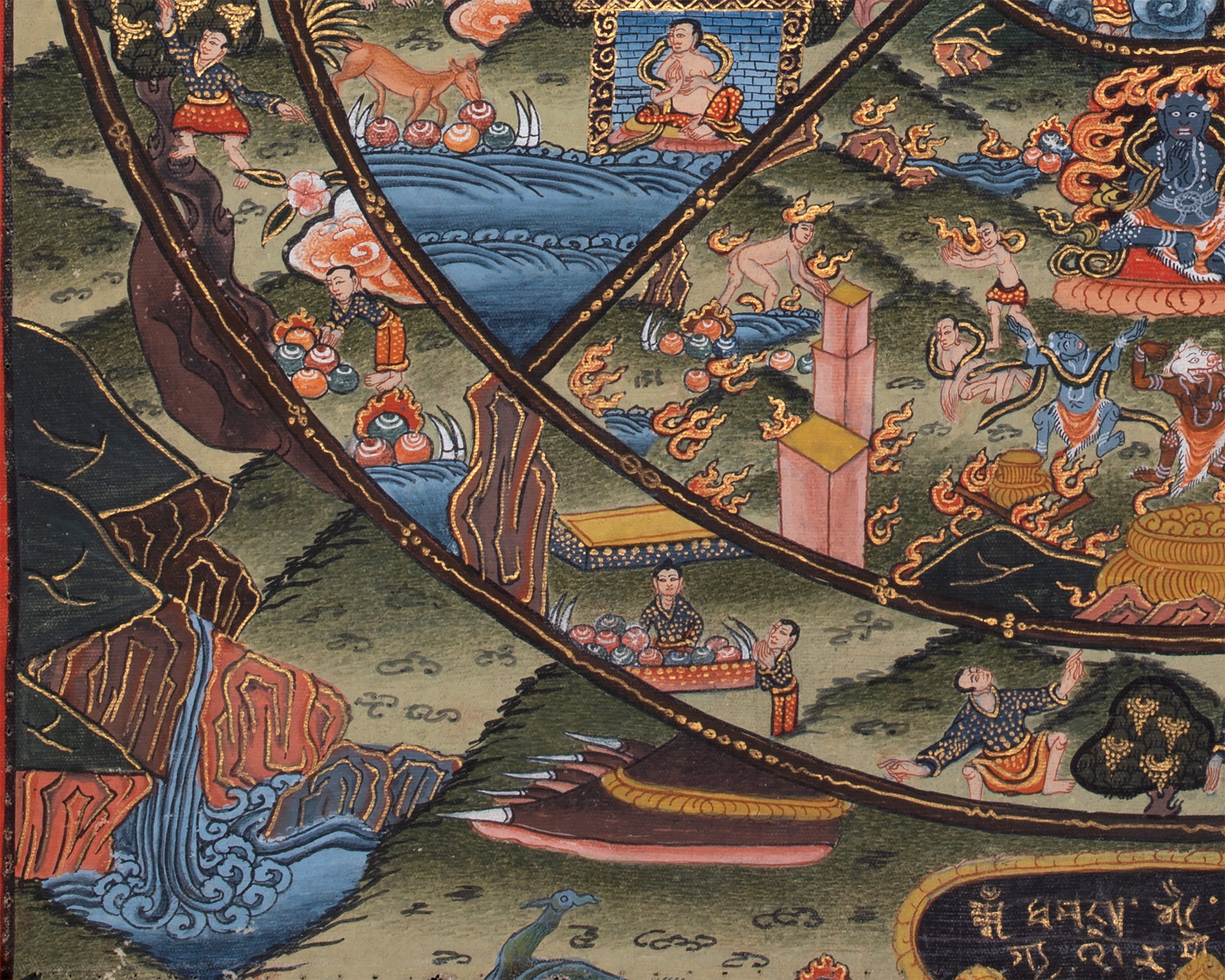 Old Vintage Wheel of Life with Top and Bottom Torn - Best to buy with Brocade | Bhavachakra Thangka